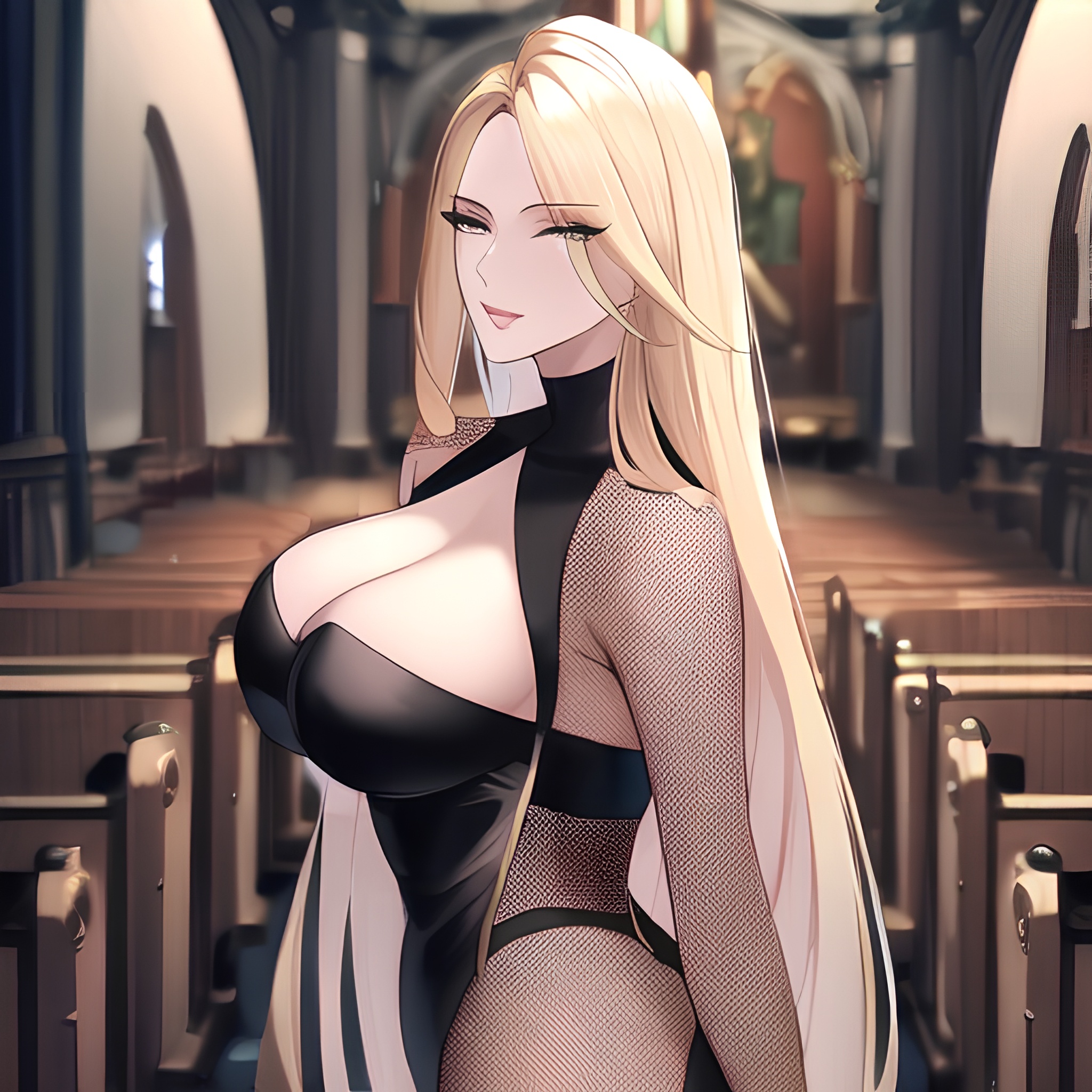 front view fishnet blonde woman small boobs long hair church nude 