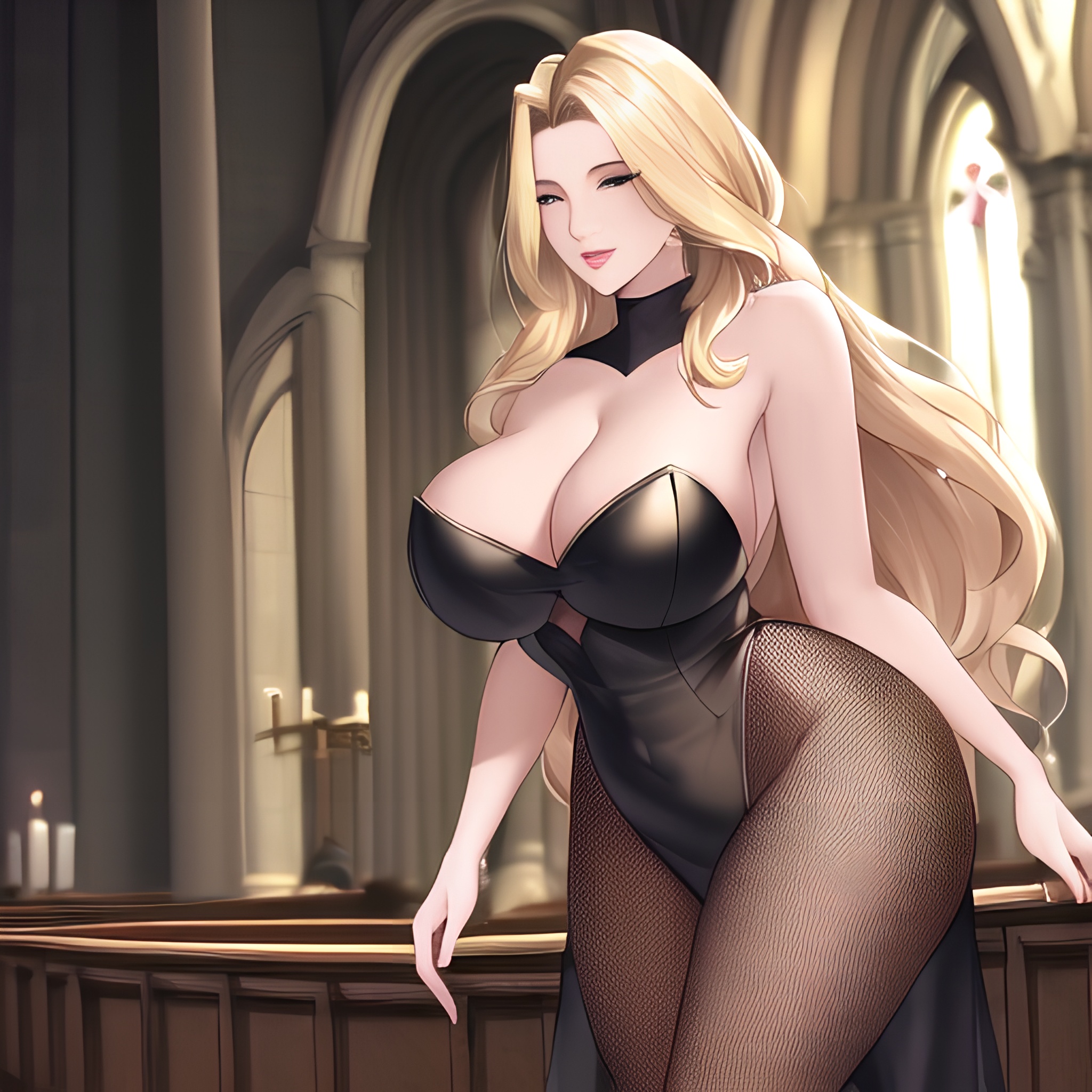 front view fishnet long hair blonde church nude woman small boobs 