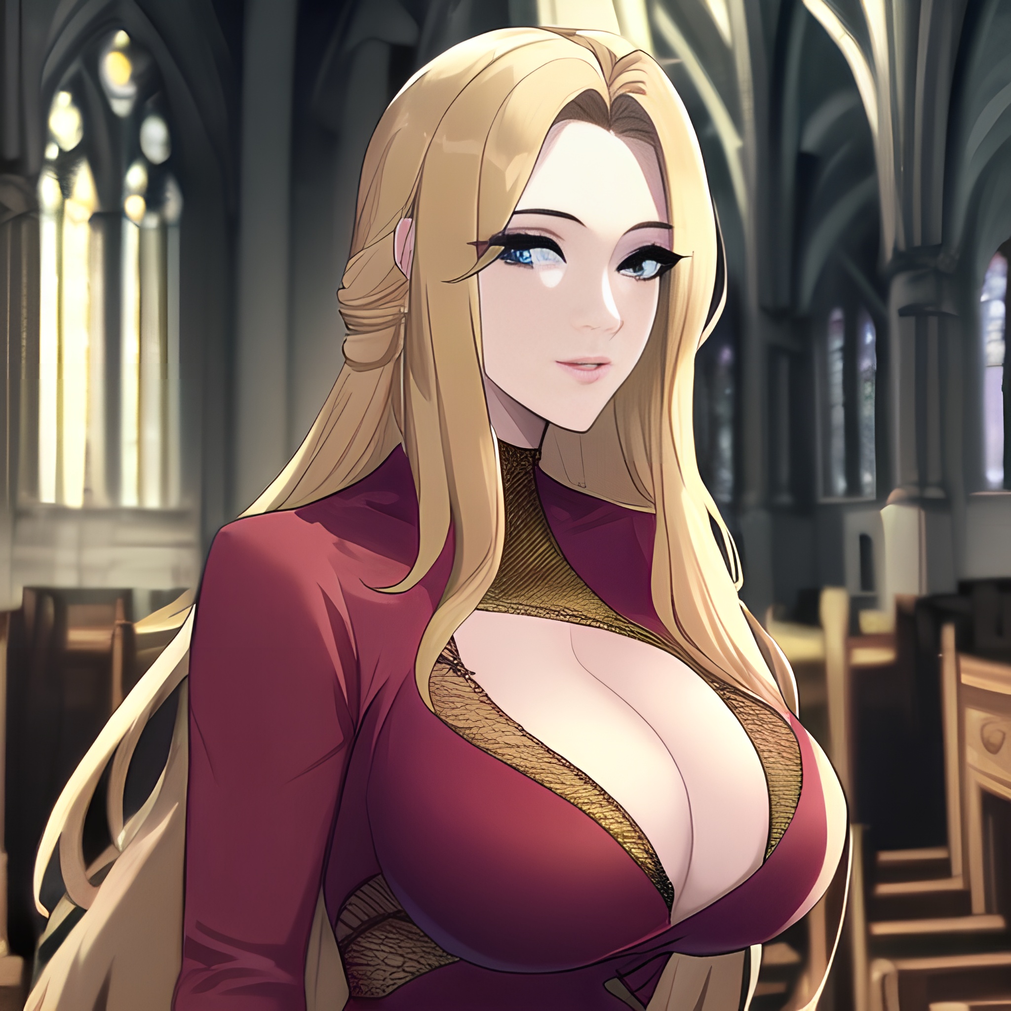 front view fishnet long hair woman church small boobs blonde nude 