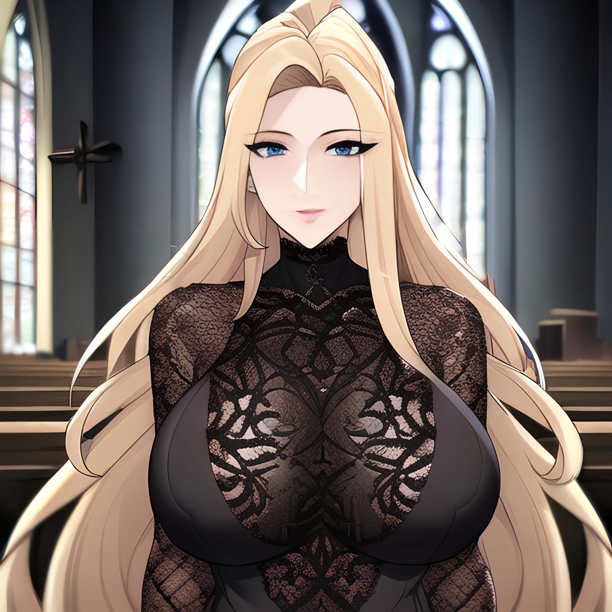 front view fishnet nude small boobs blonde long hair woman church 