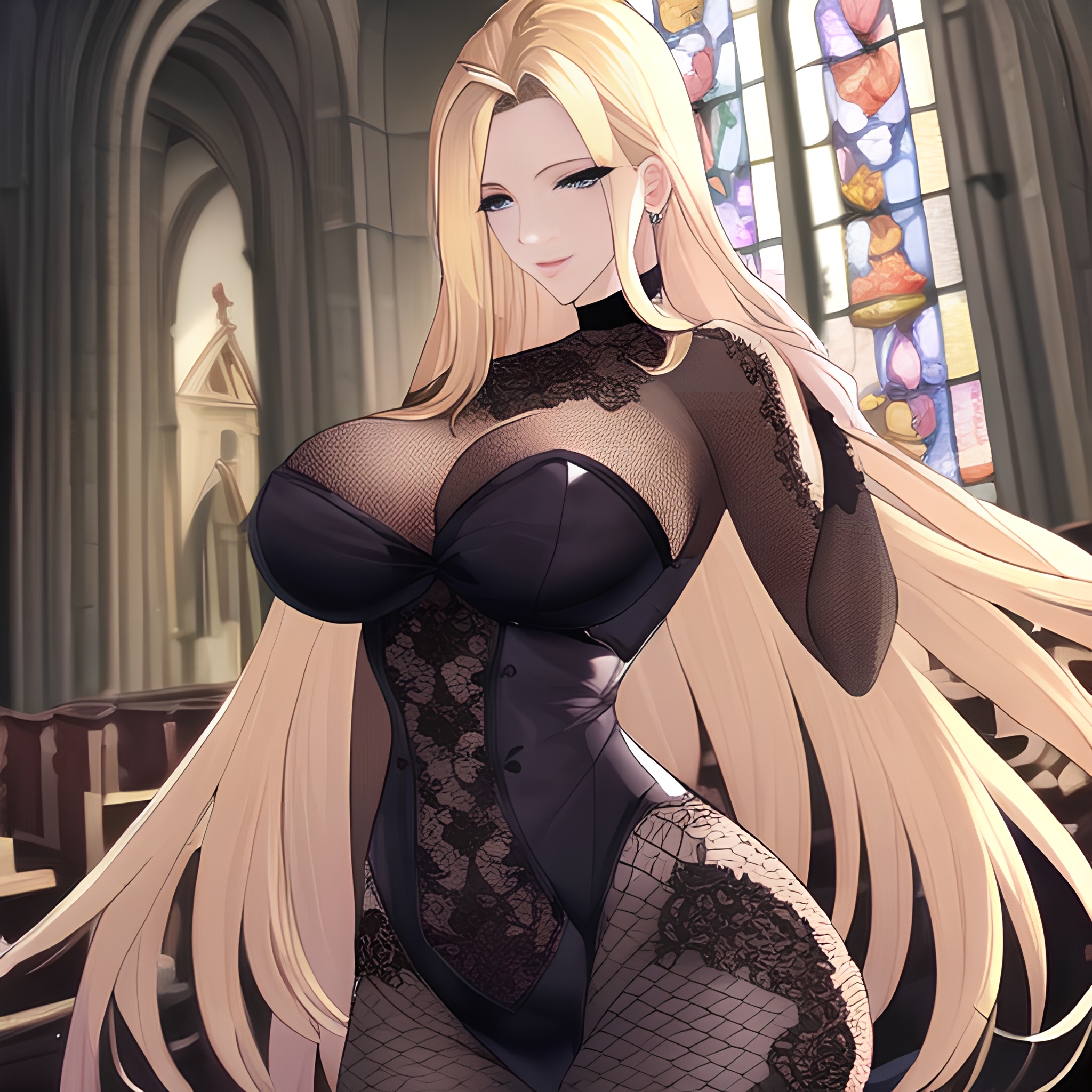 front view fishnet woman nude long hair church blonde small boobs 