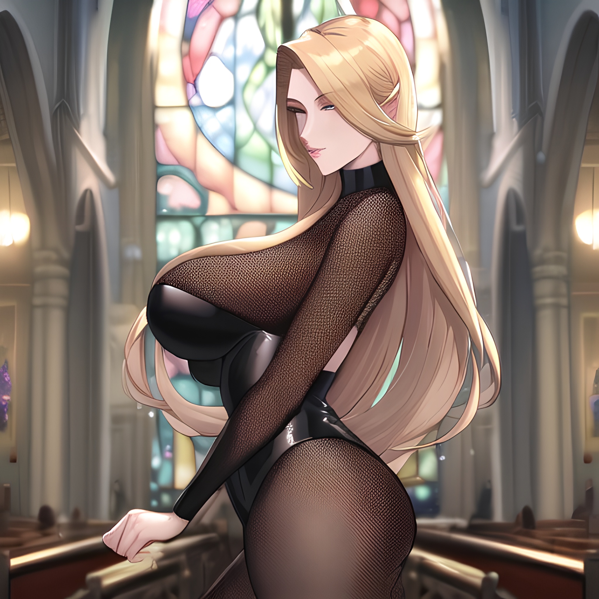 front view long hair church fishnet blonde small boobs woman nude 