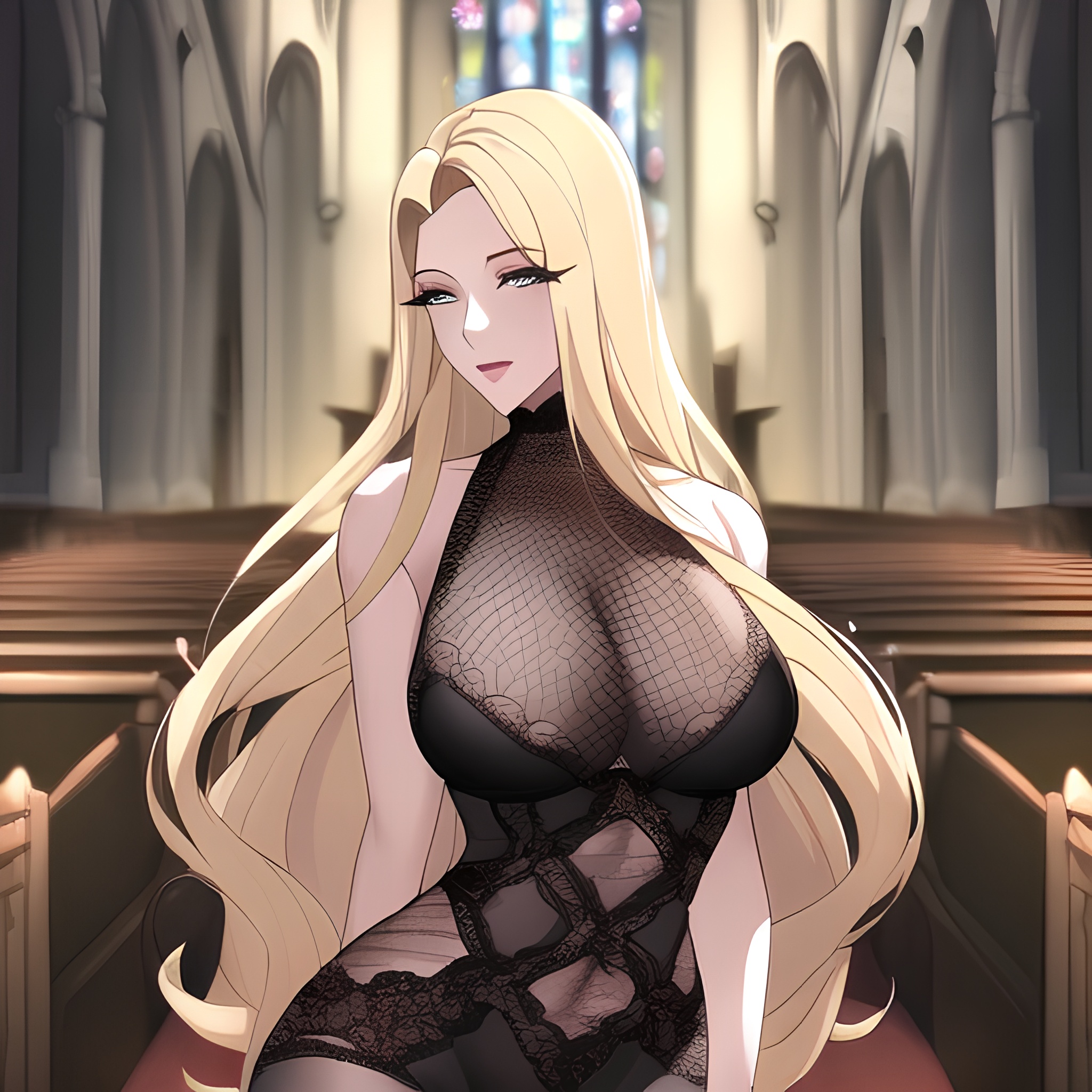 front view long hair nude church small boobs blonde woman fishnet 