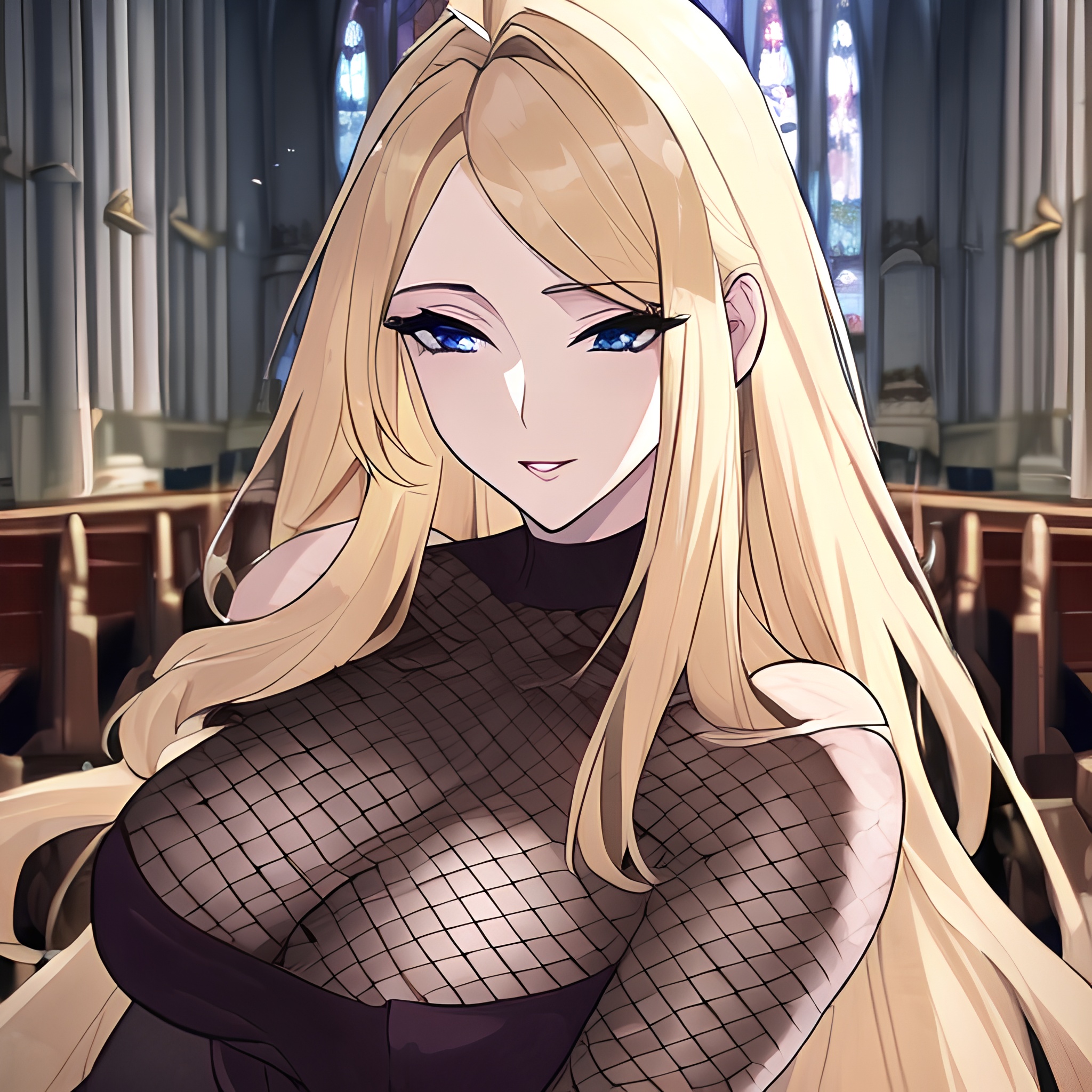 front view long hair woman fishnet nude church small boobs blonde