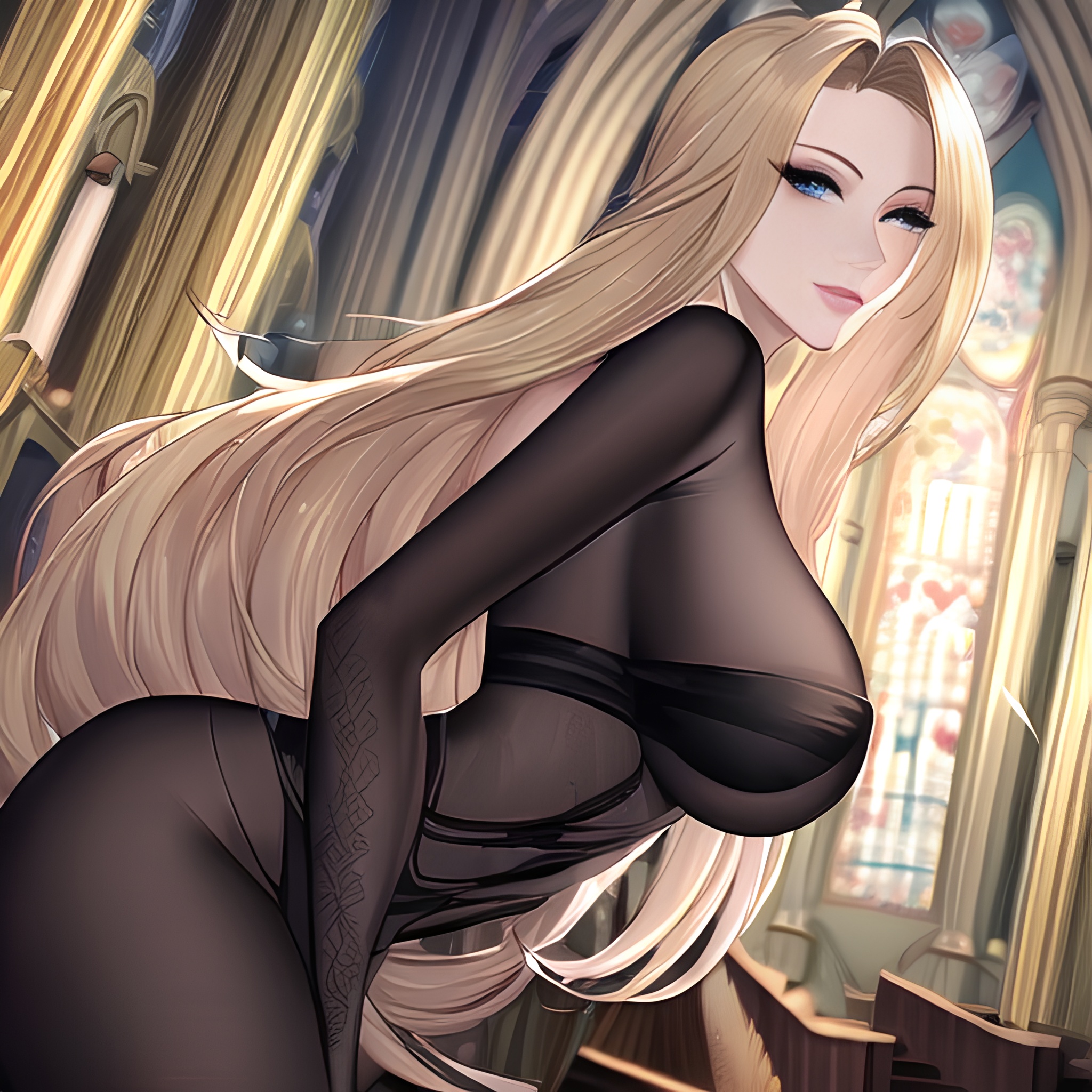 front view long hair woman nude small boobs blonde fishnet church 