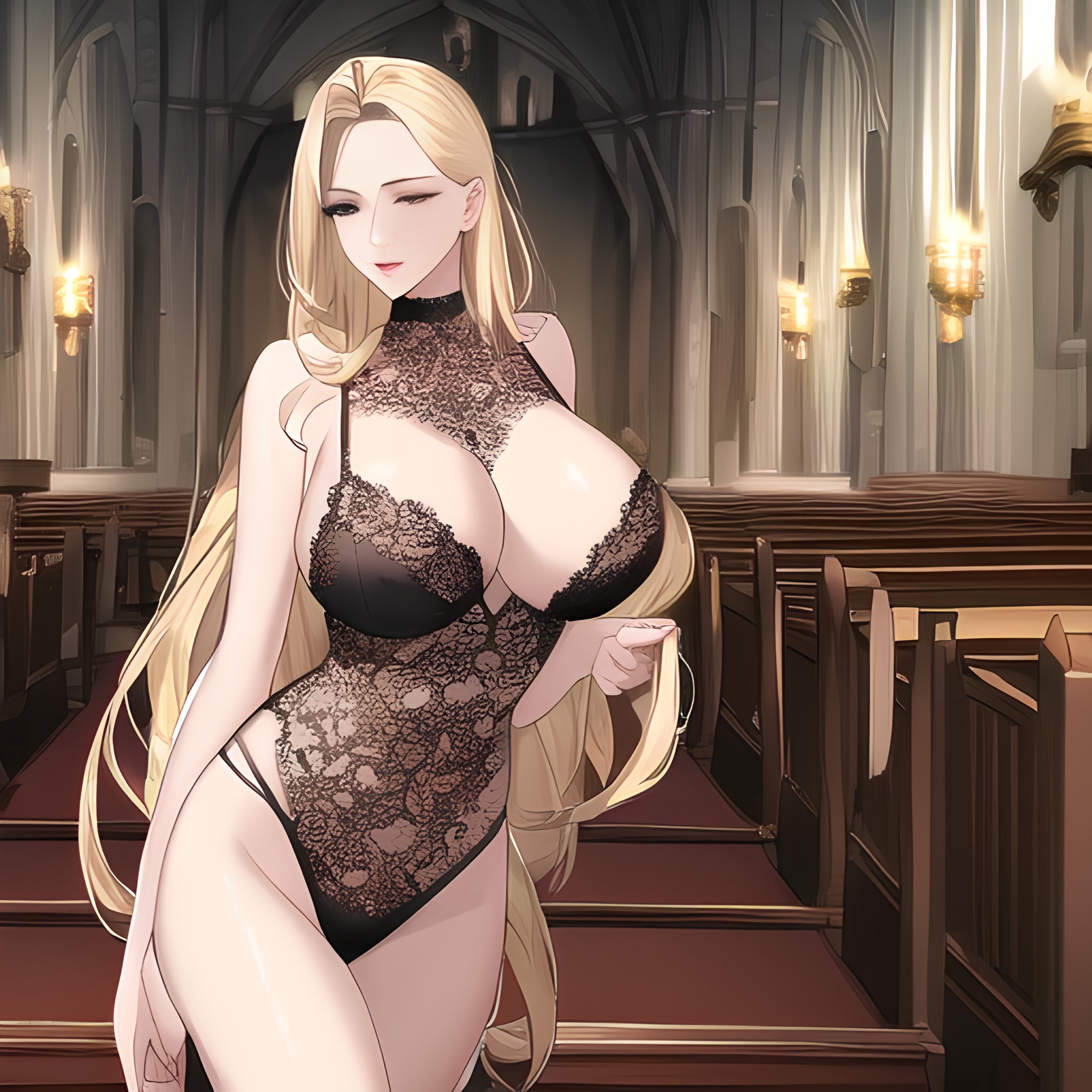 front view nude blonde church long hair fishnet woman small boobs 