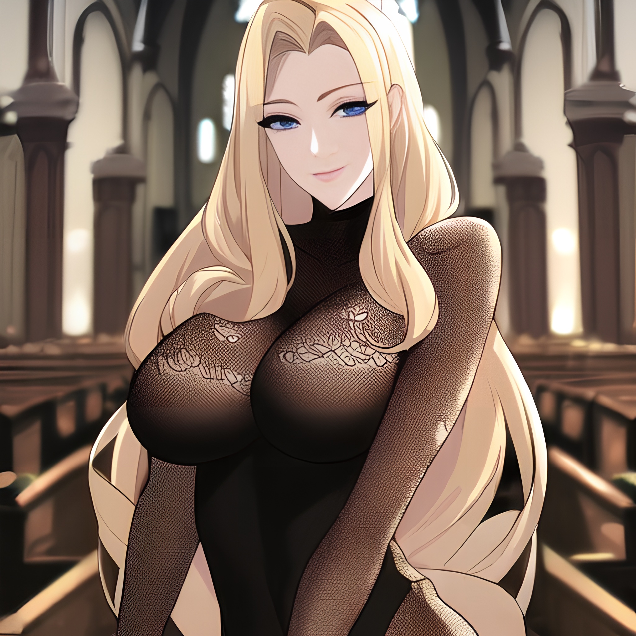 front view nude church small boobs woman blonde fishnet long hair