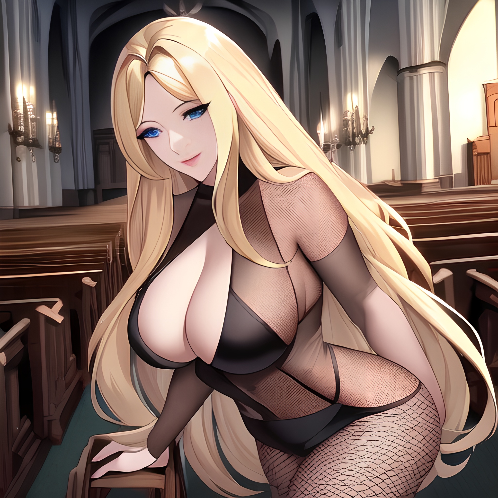 front view nude fishnet long hair blonde woman small boobs church 