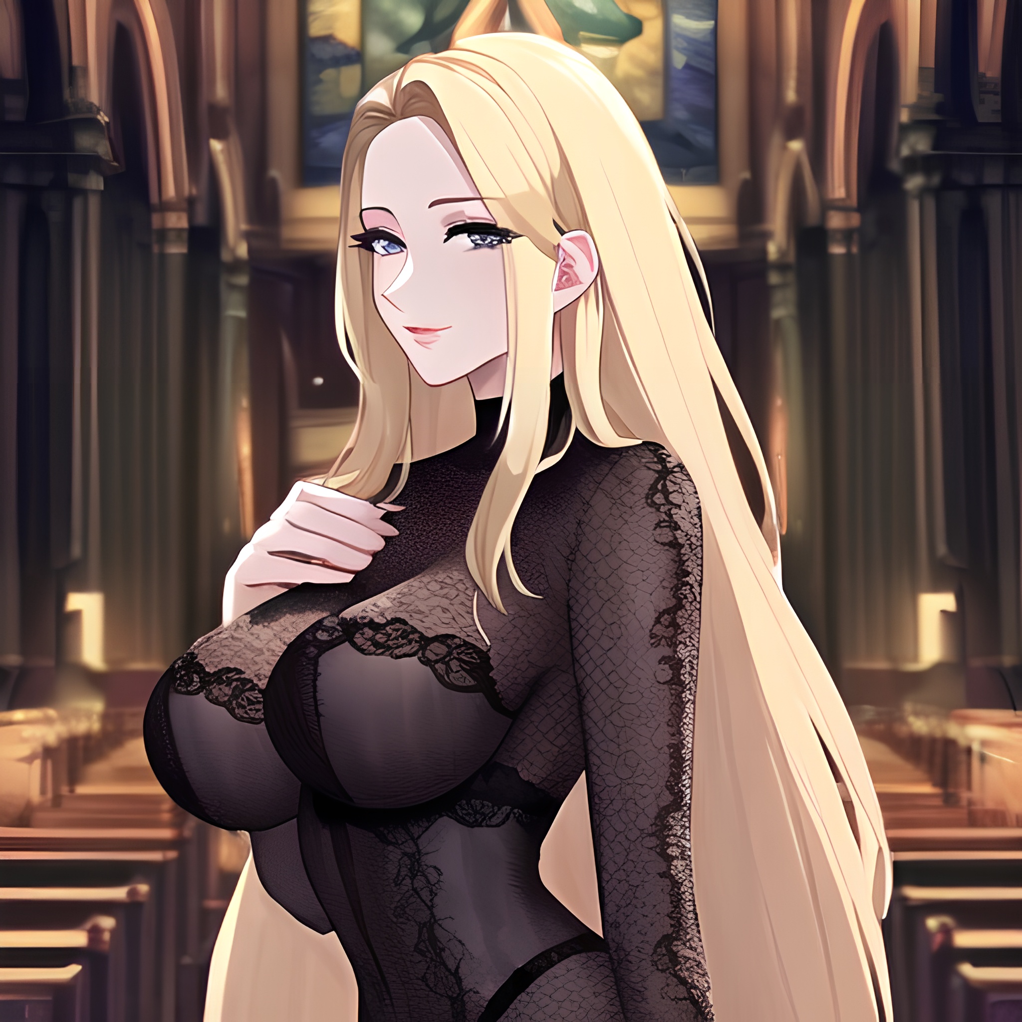 front view nude fishnet long hair small boobs blonde woman church 