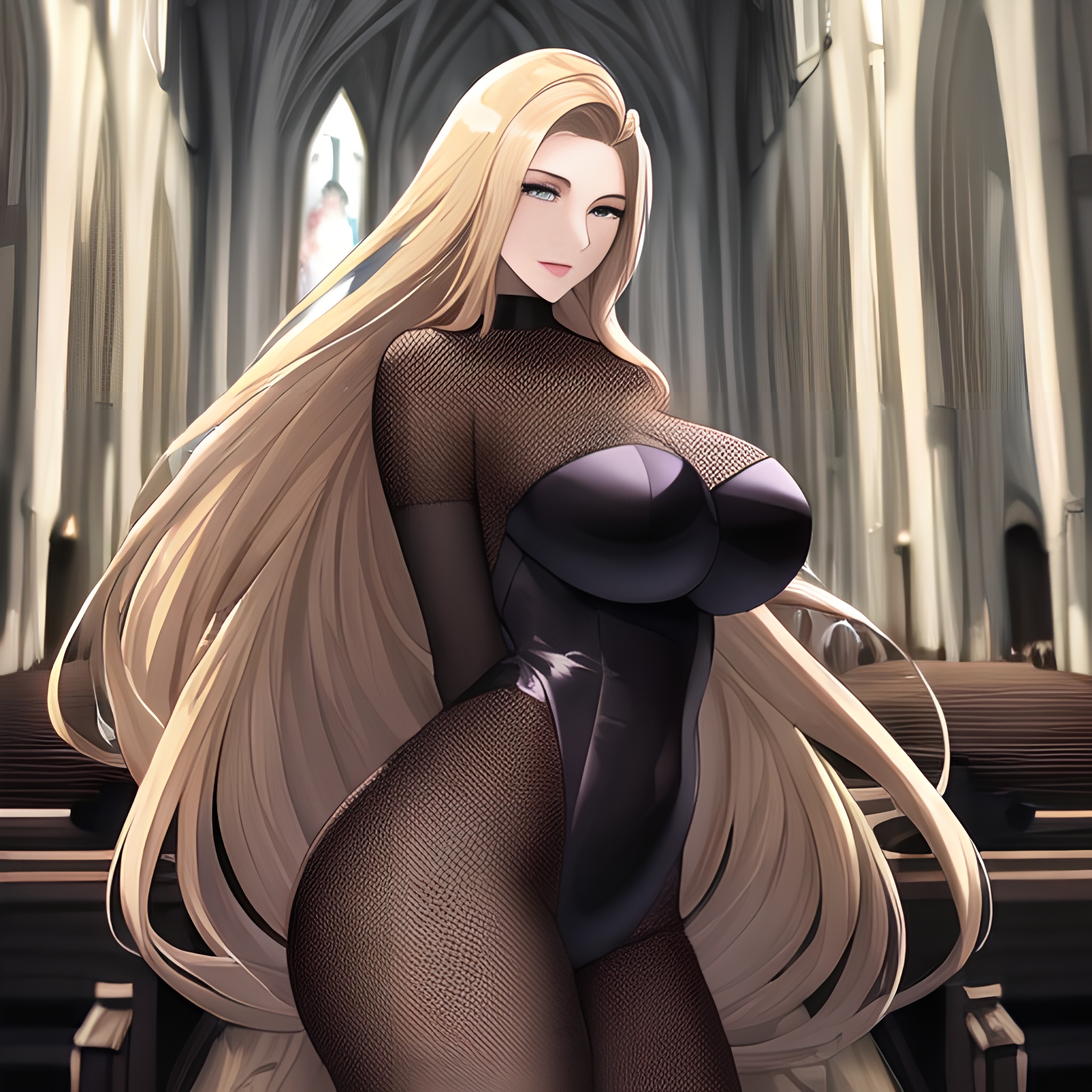 front view nude fishnet long hair woman blonde church small boobs 