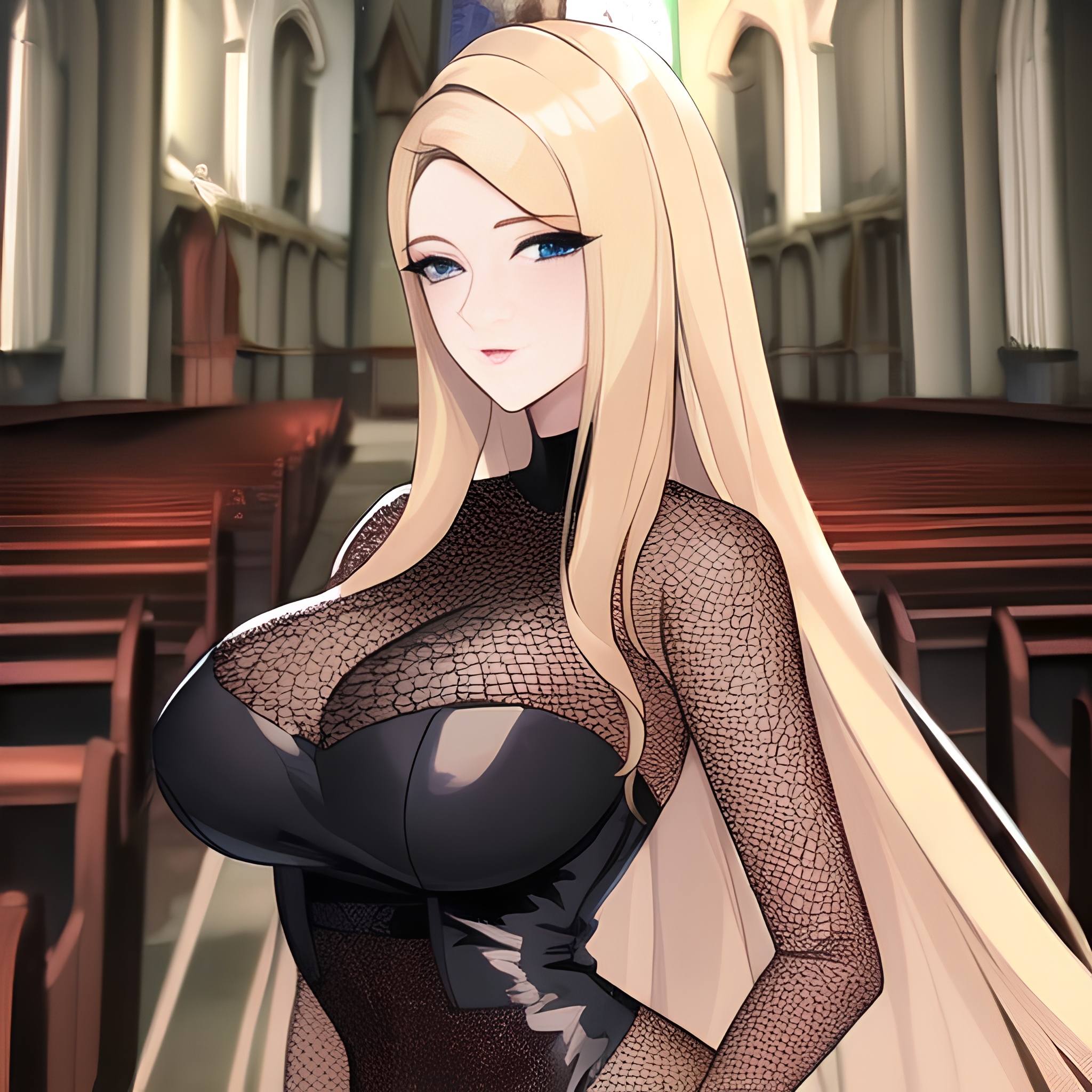 front view nude long hair woman small boobs blonde church fishnet 