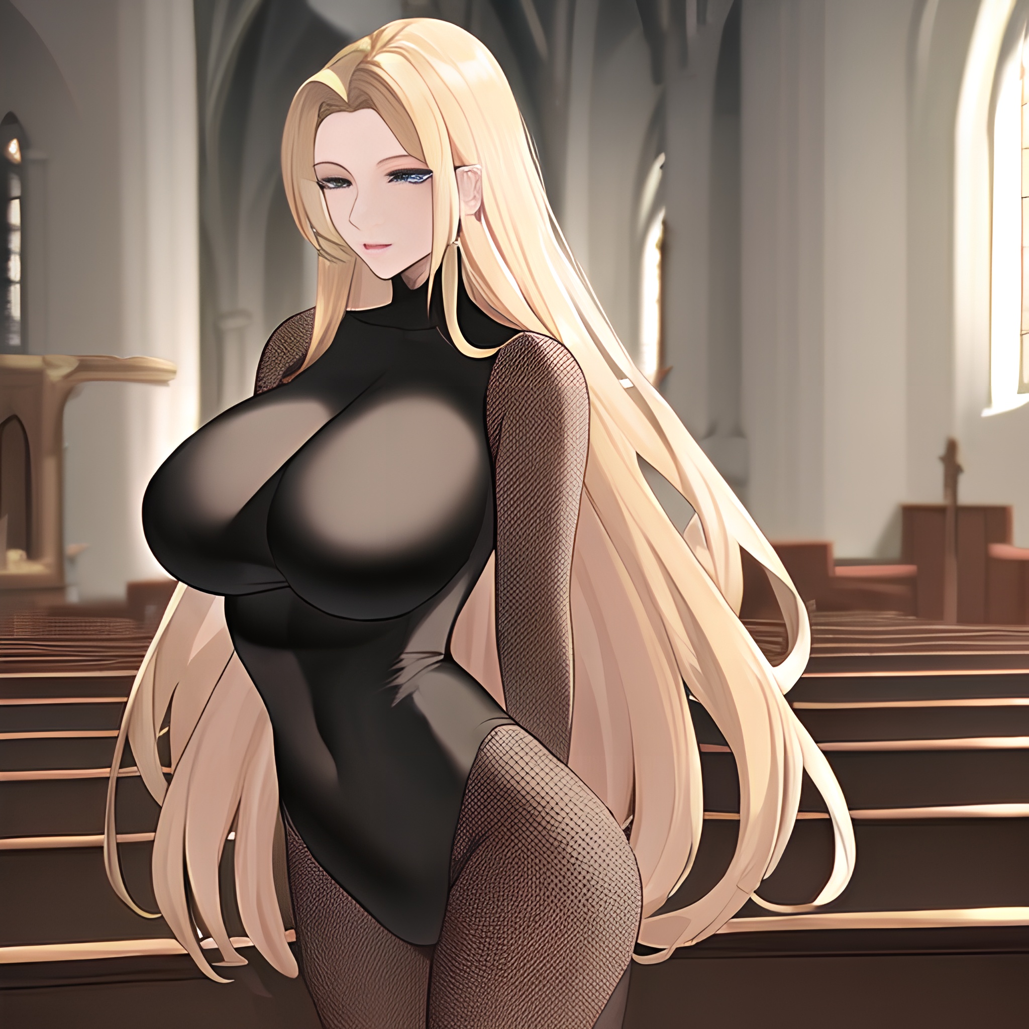 front view nude small boobs long hair church woman fishnet blonde 