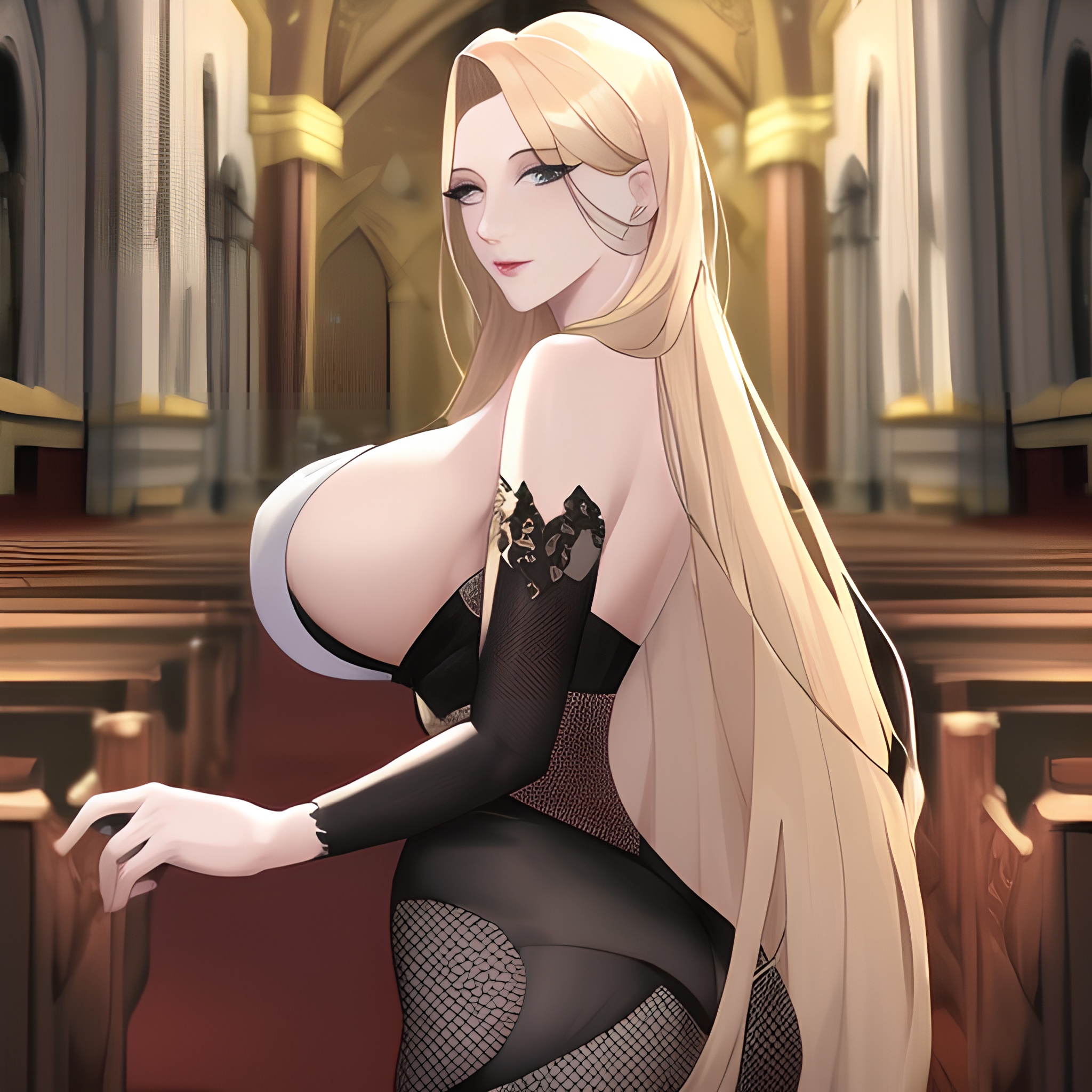 front view nude small boobs woman blonde fishnet long hair church 