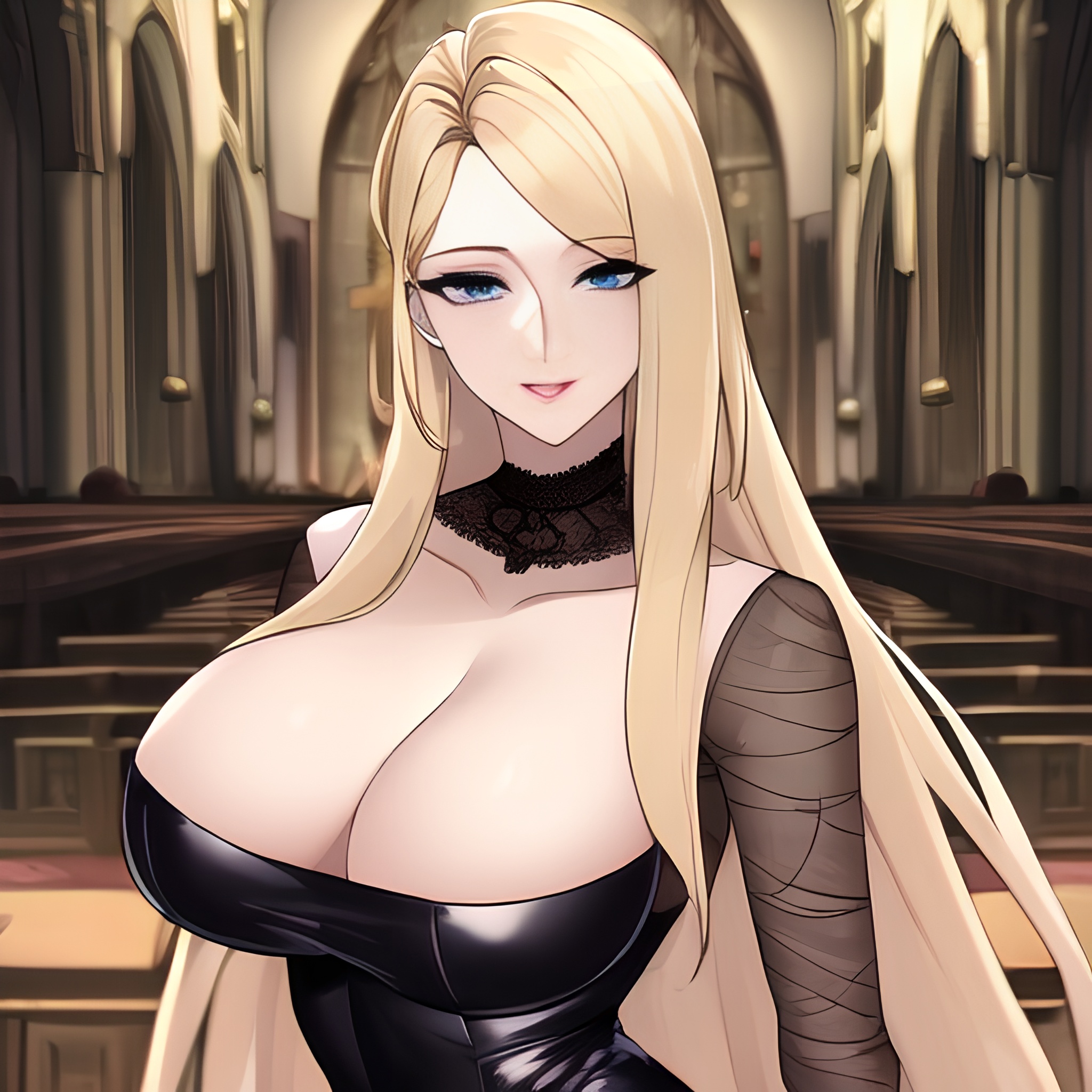 front view nude woman fishnet blonde long hair church small boobs 