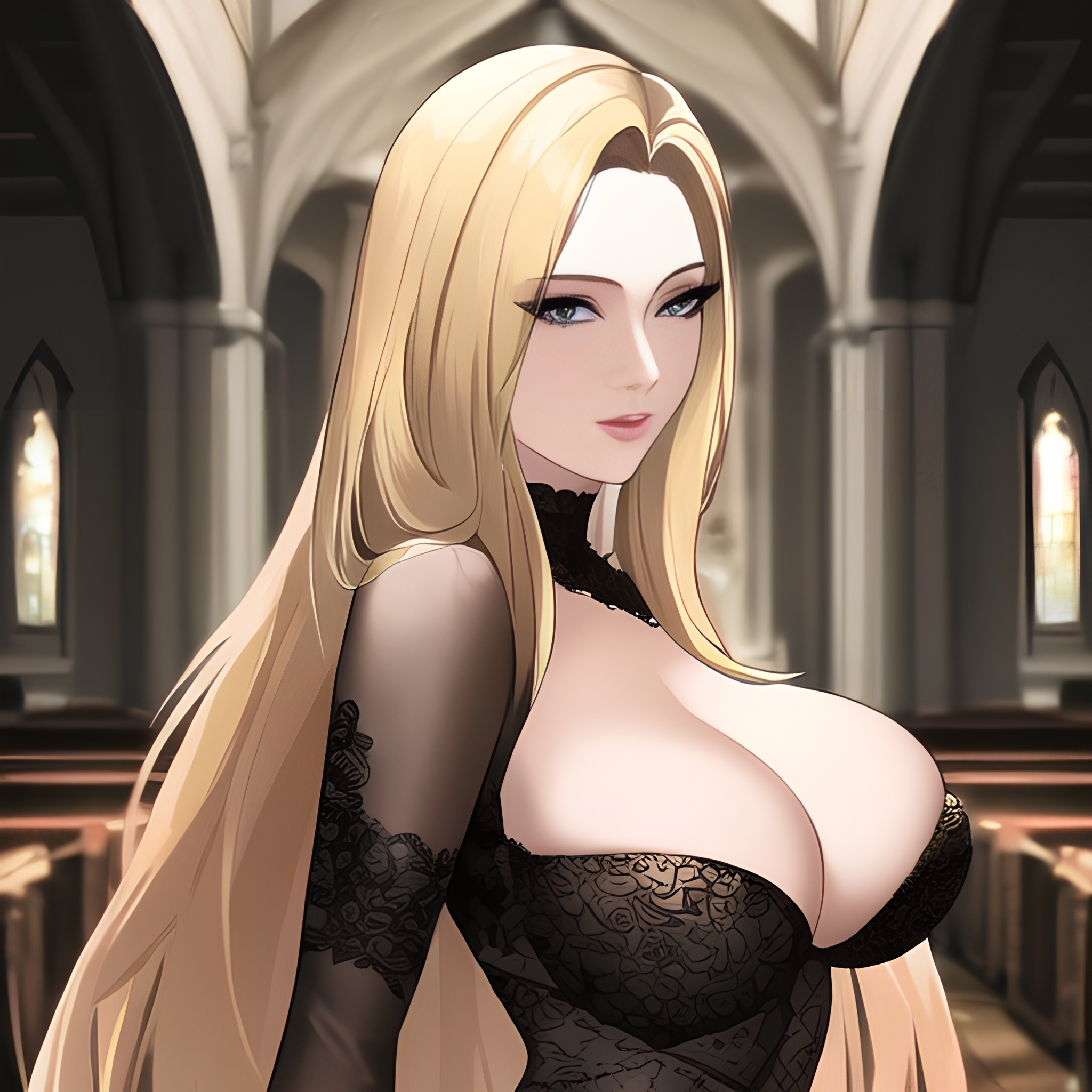 front view small boobs blonde long hair woman church nude fishnet