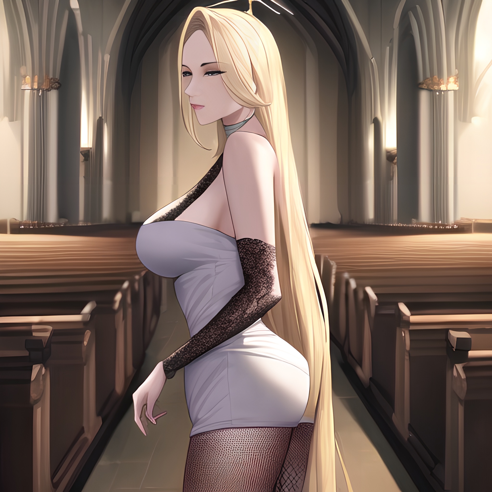 front view small boobs church blonde fishnet long hair woman nude 