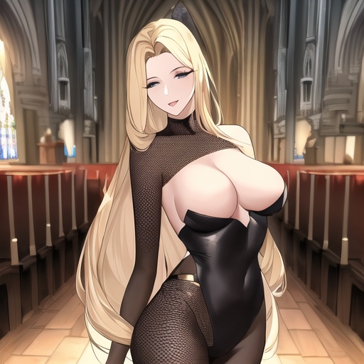 front view small boobs church long hair fishnet nude woman blonde 