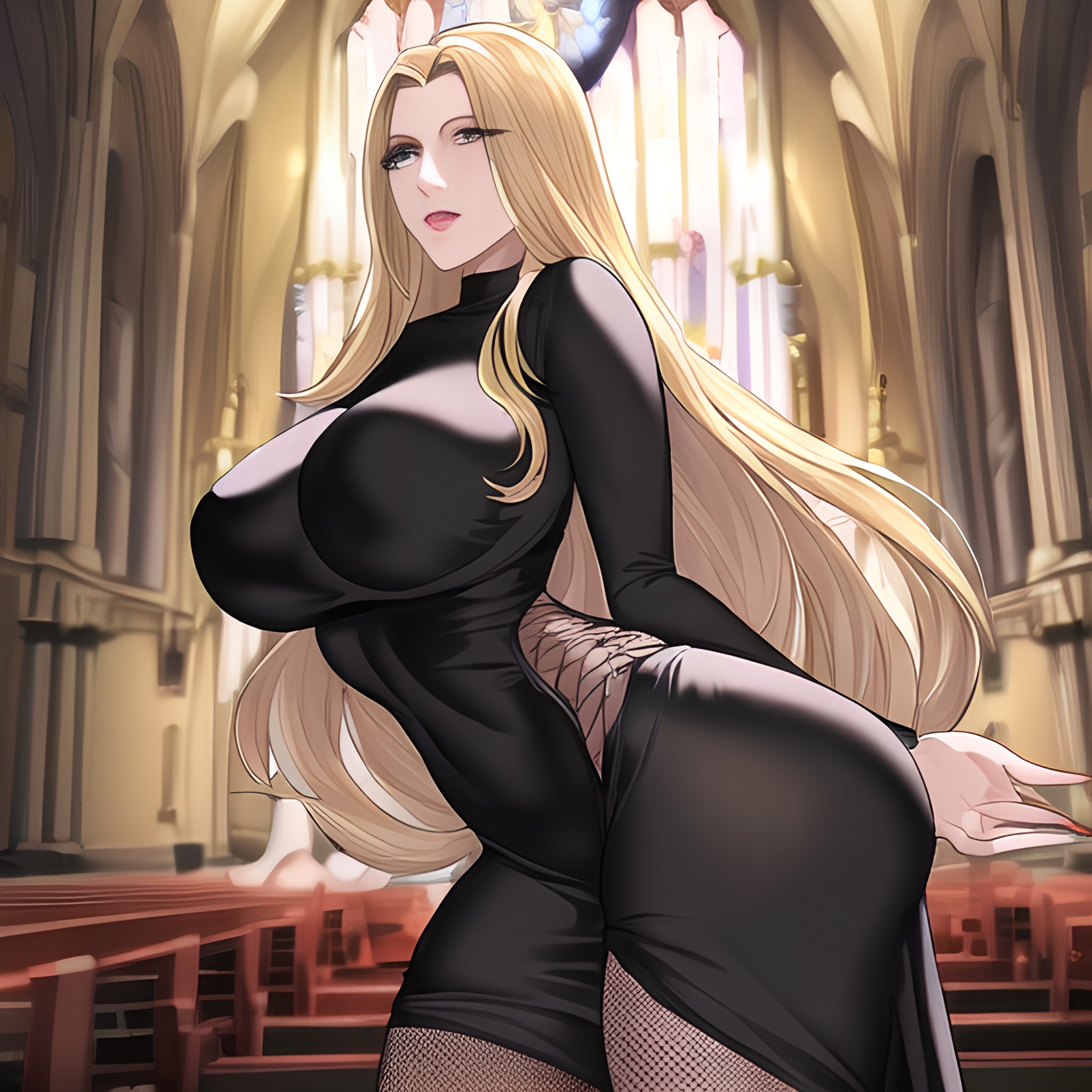 front view small boobs fishnet church blonde nude long hair woman 