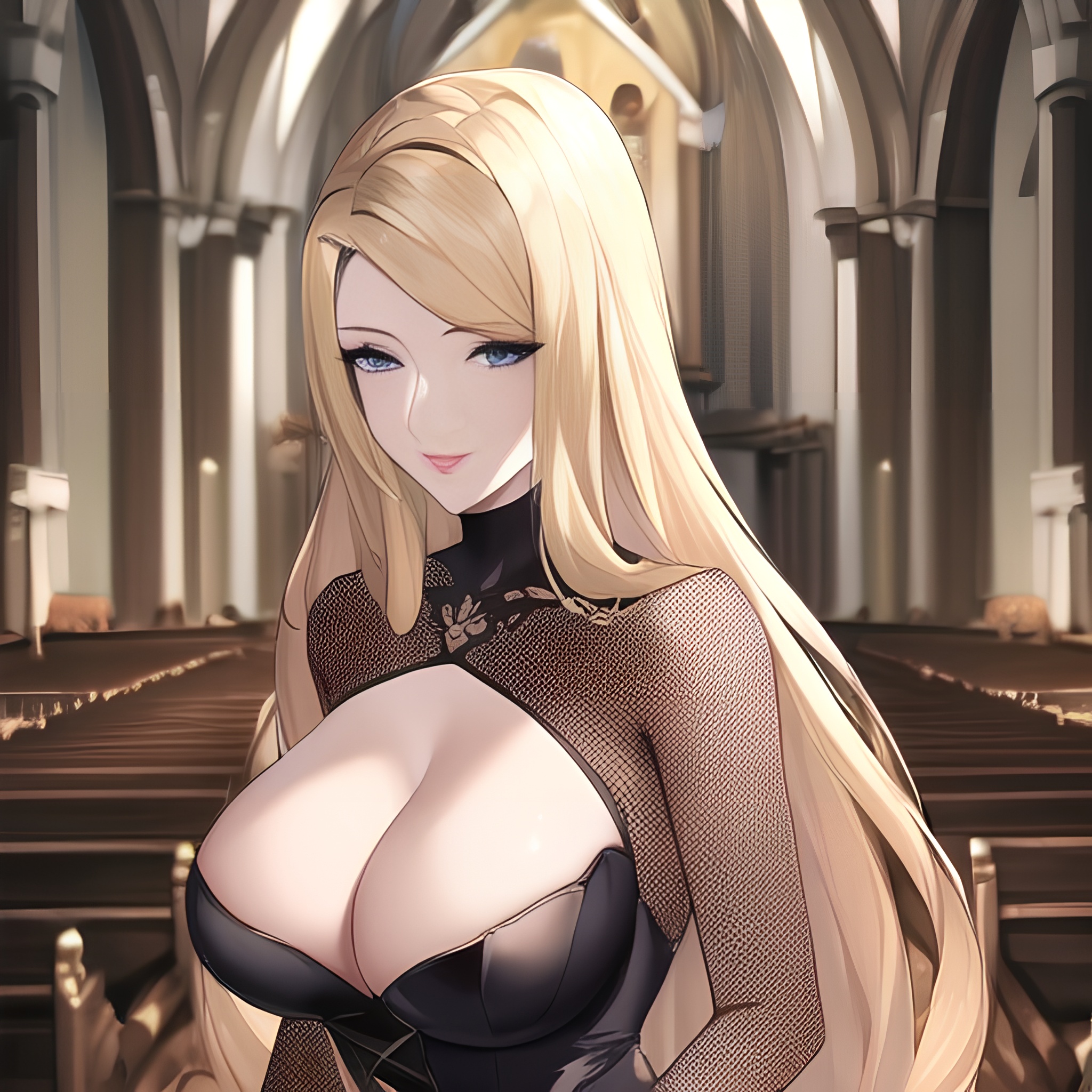 front view small boobs fishnet nude blonde church long hair woman 