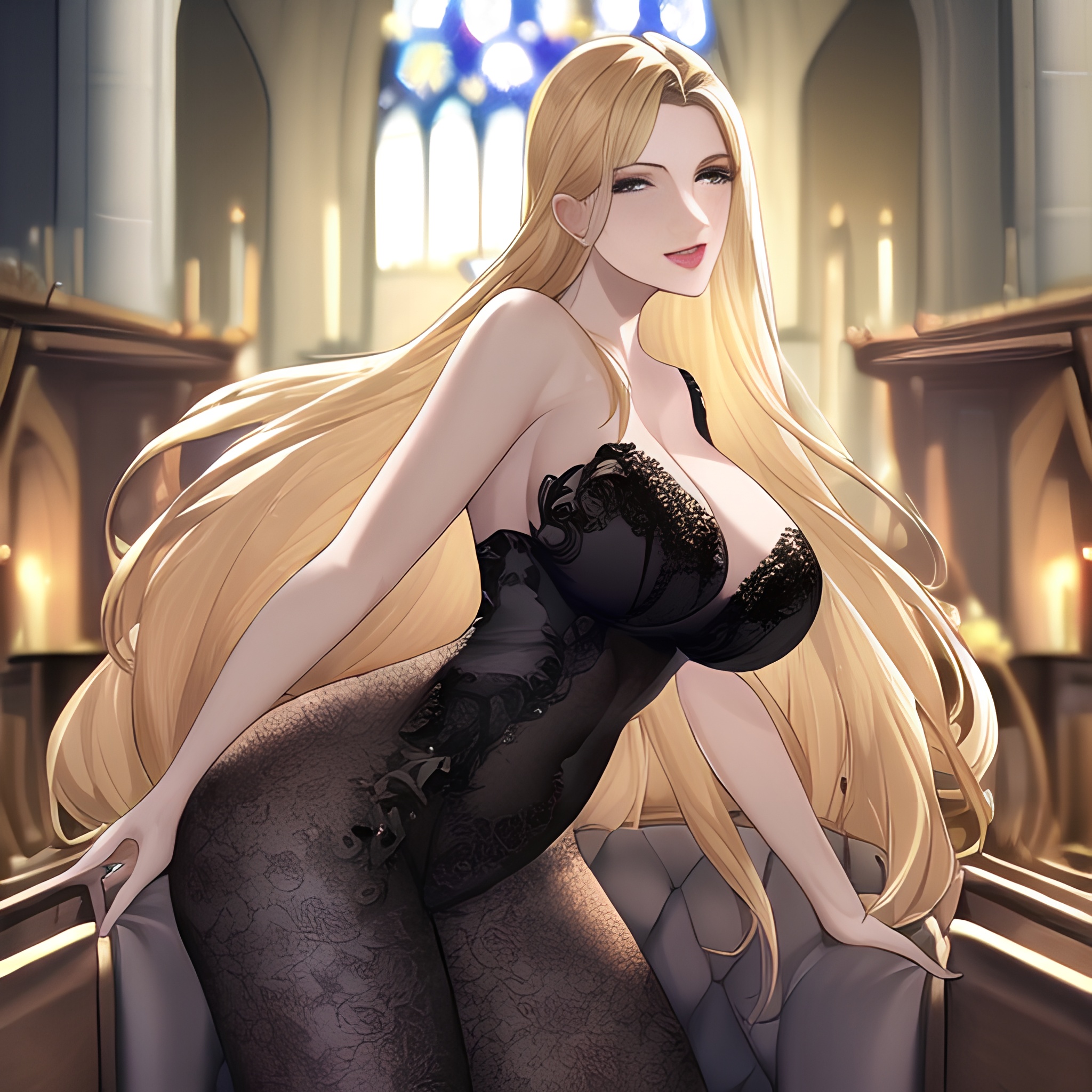 front view small boobs fishnet nude blonde woman church long hair 