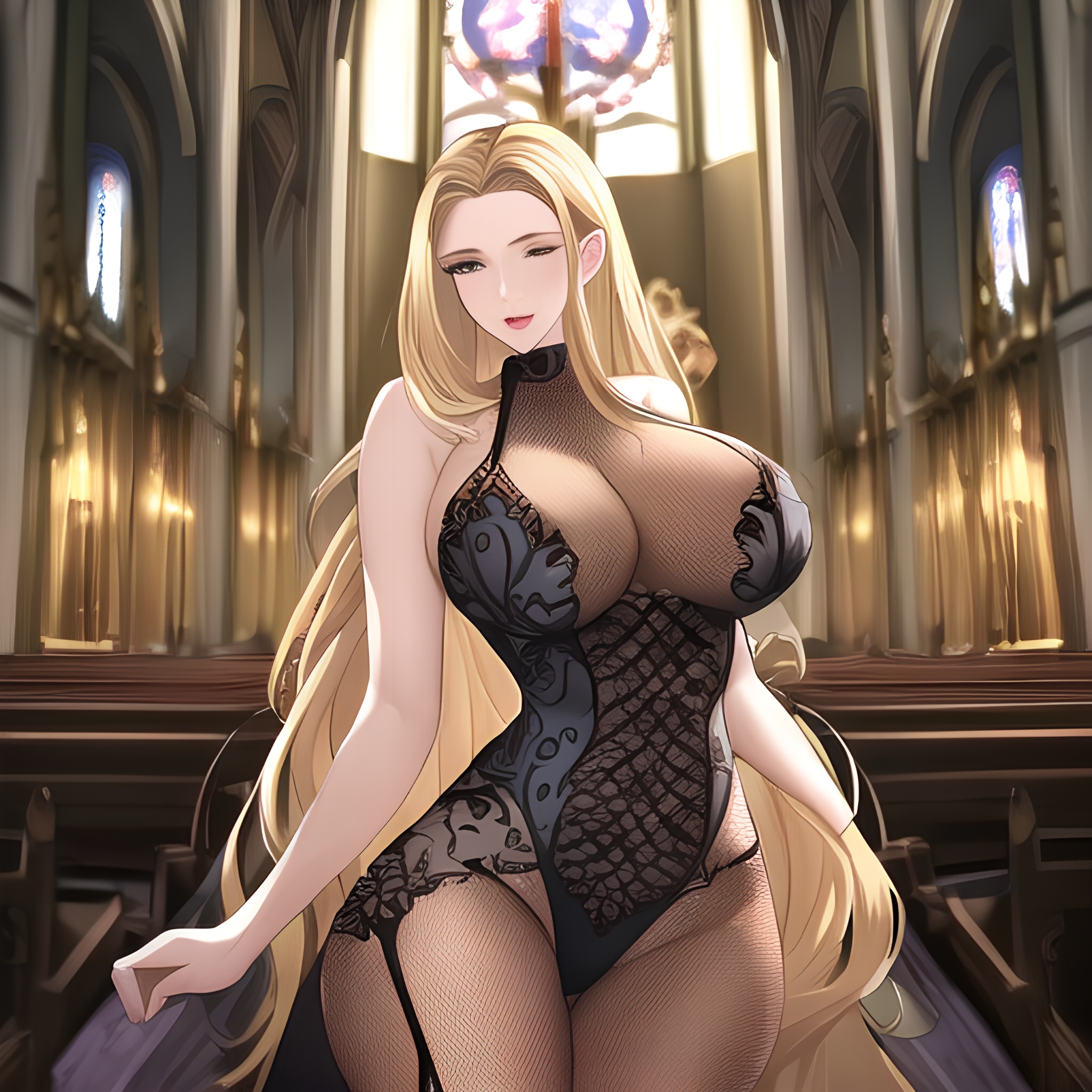 front view small boobs long hair church blonde fishnet nude woman 