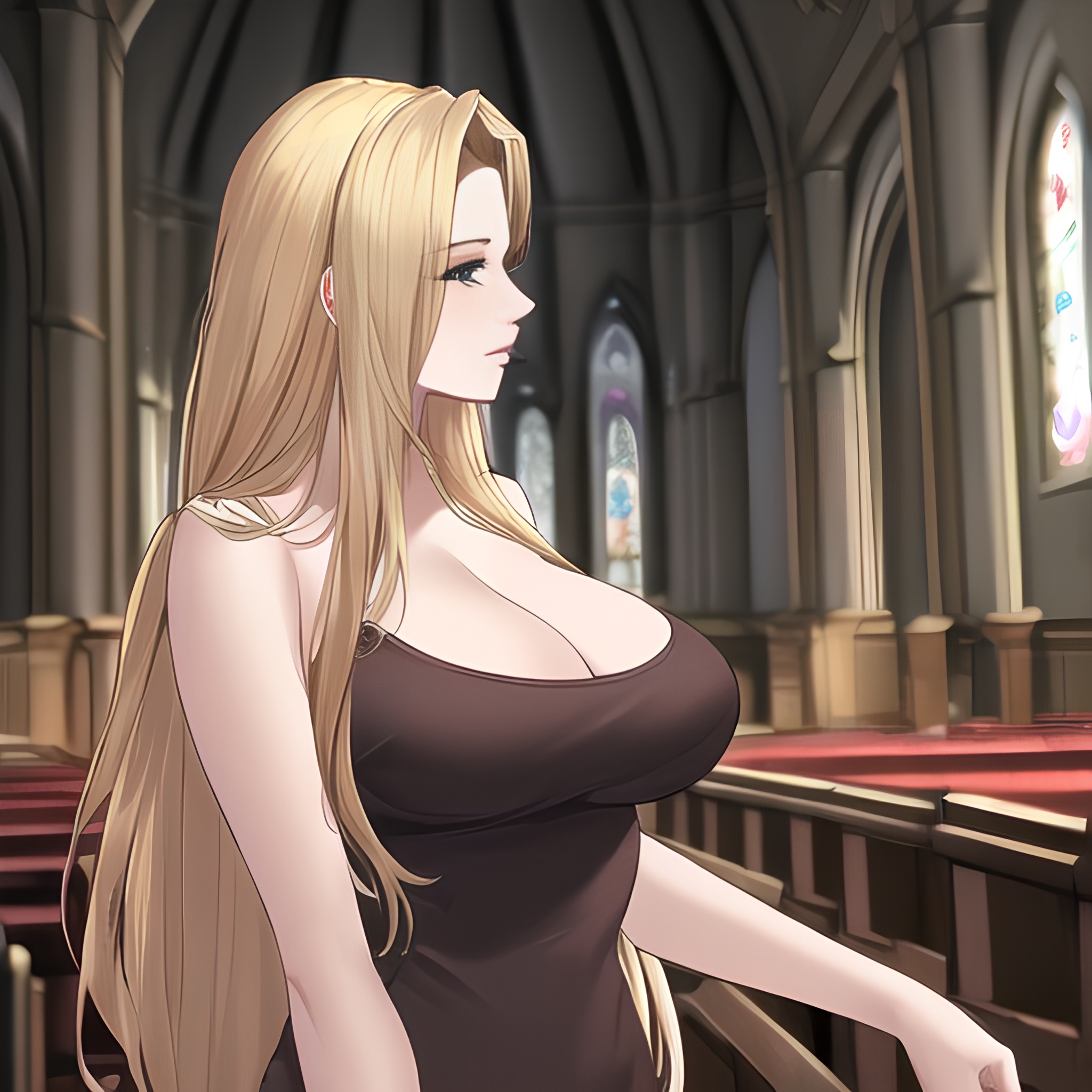 front view small boobs long hair nude woman fishnet blonde church 