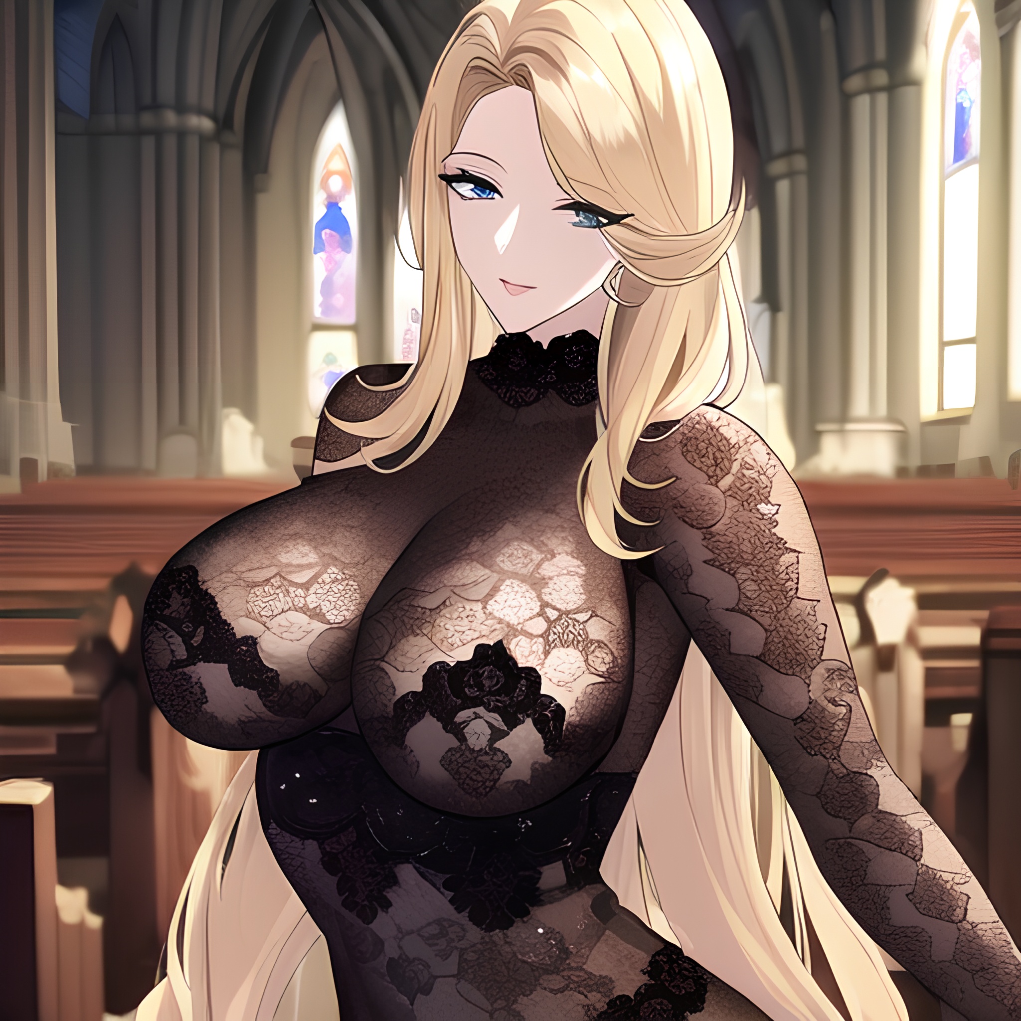 front view small boobs nude blonde woman church long hair fishnet