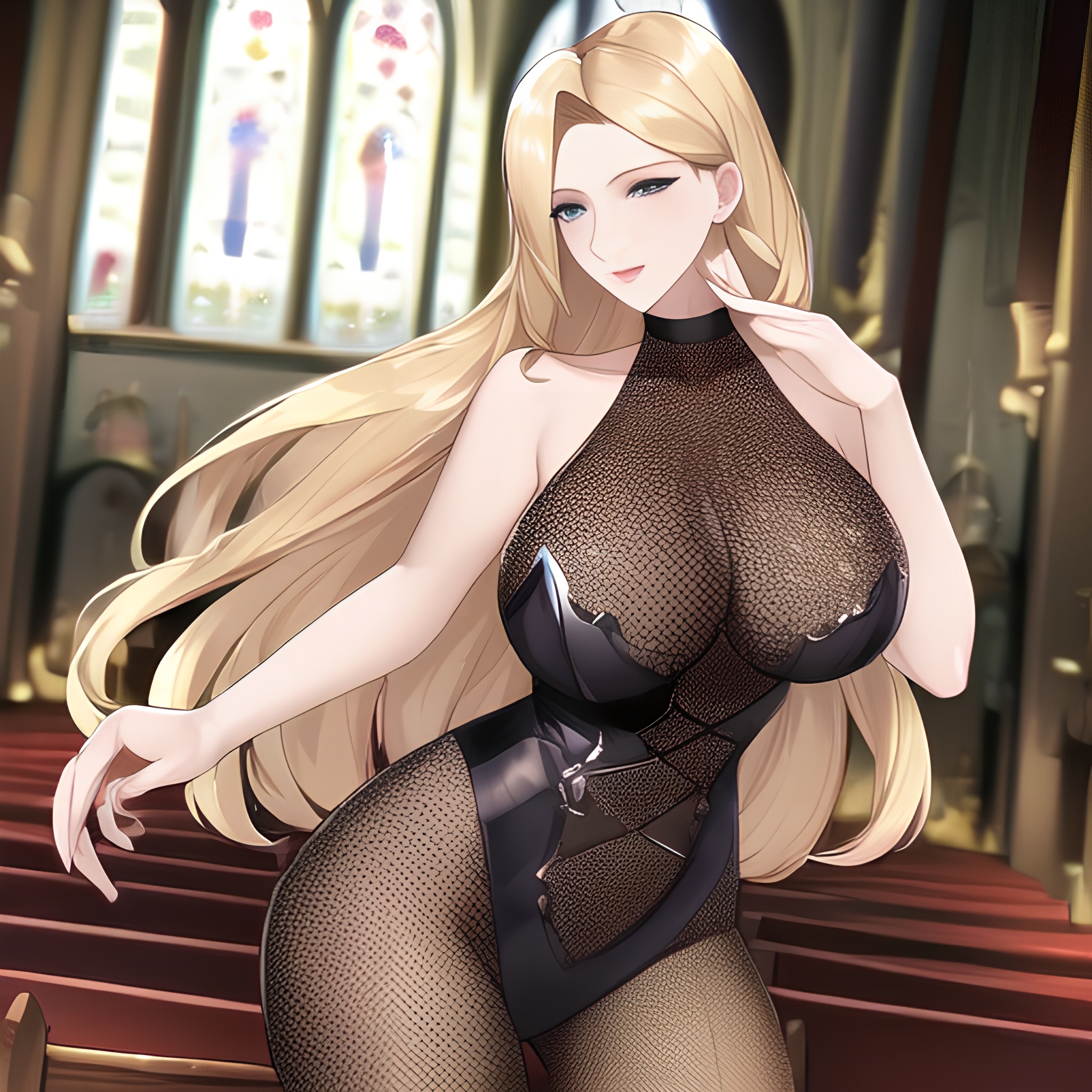 front view small boobs nude fishnet church blonde long hair woman 