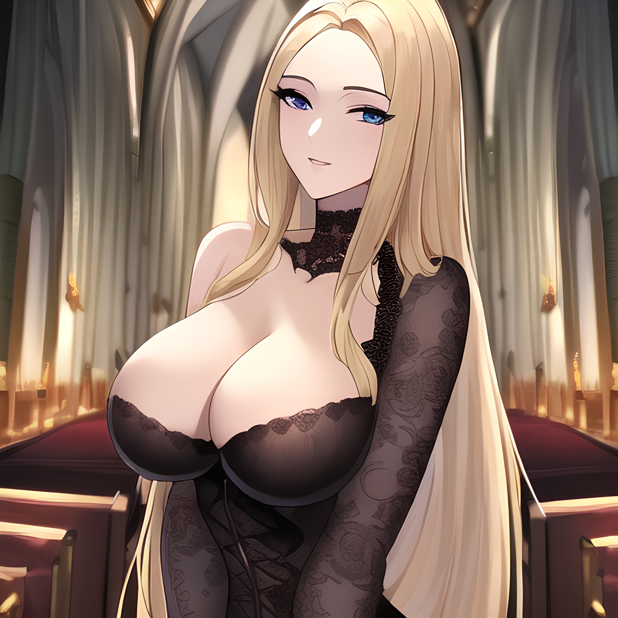 front view small boobs nude woman fishnet blonde church long hair 