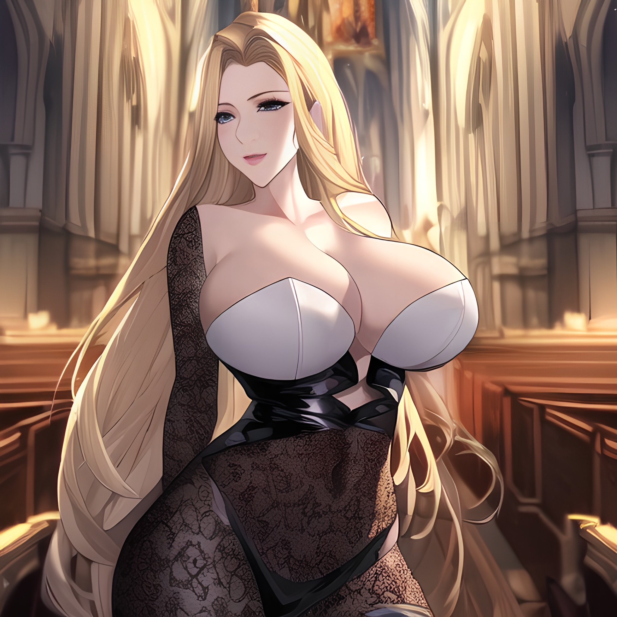 front view small boobs woman blonde fishnet long hair church nude 