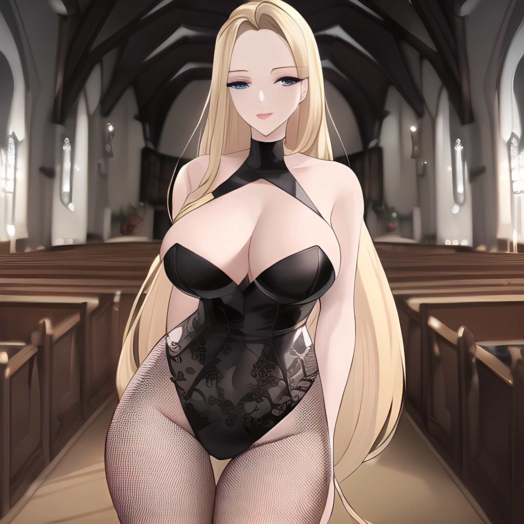 front view small boobs woman fishnet church blonde nude long hair 