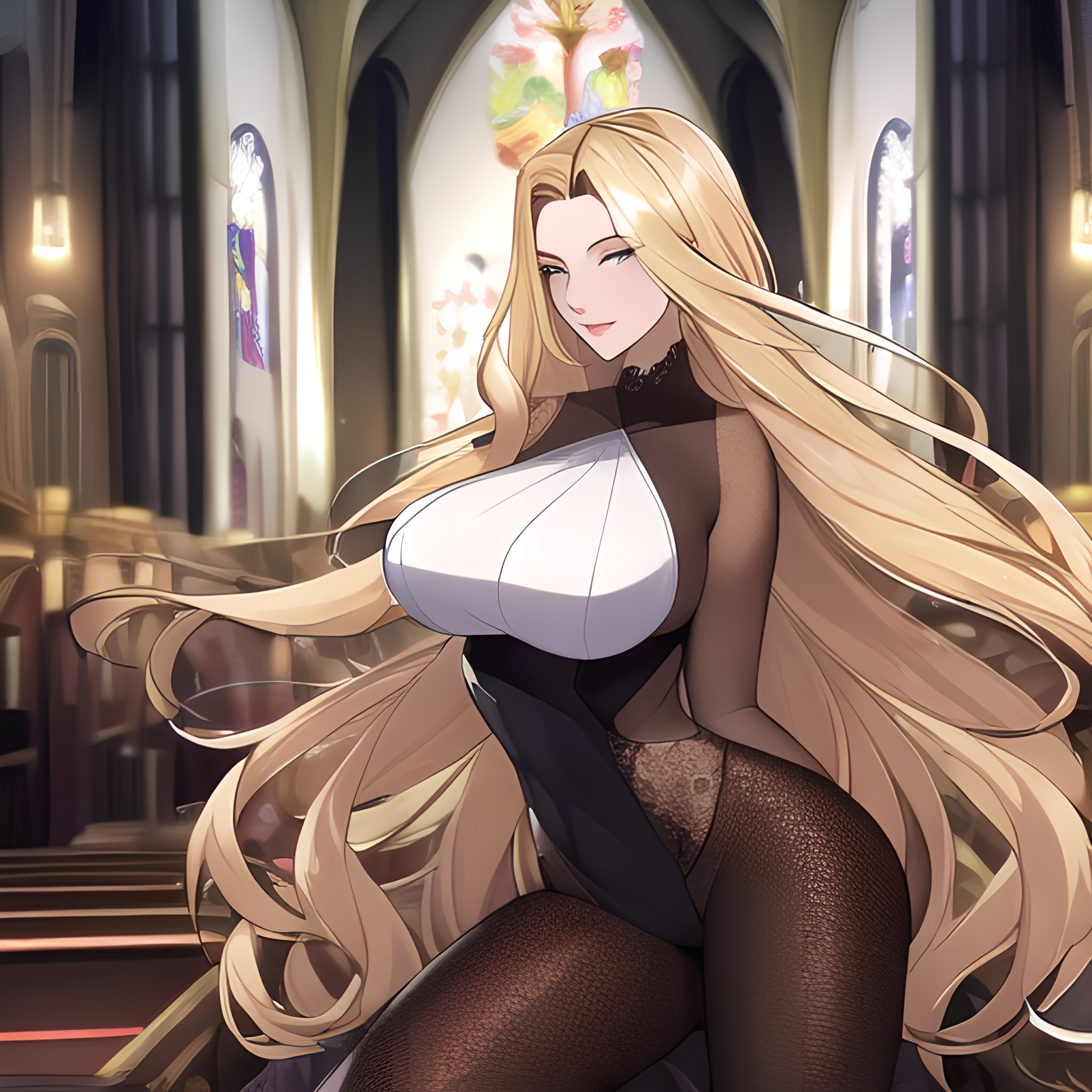 front view small boobs woman long hair fishnet nude blonde church 