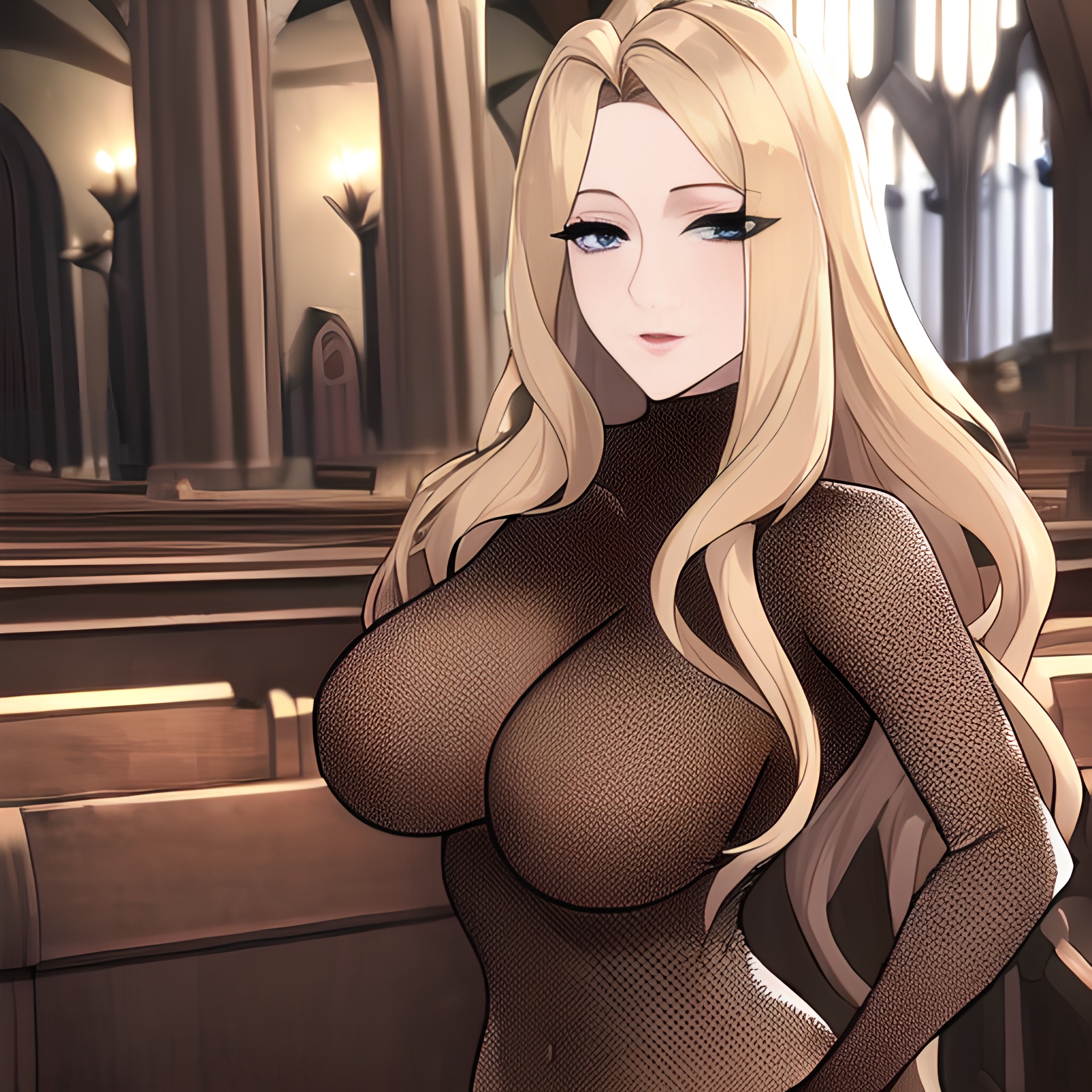 front view woman blonde nude long hair small boobs fishnet church 