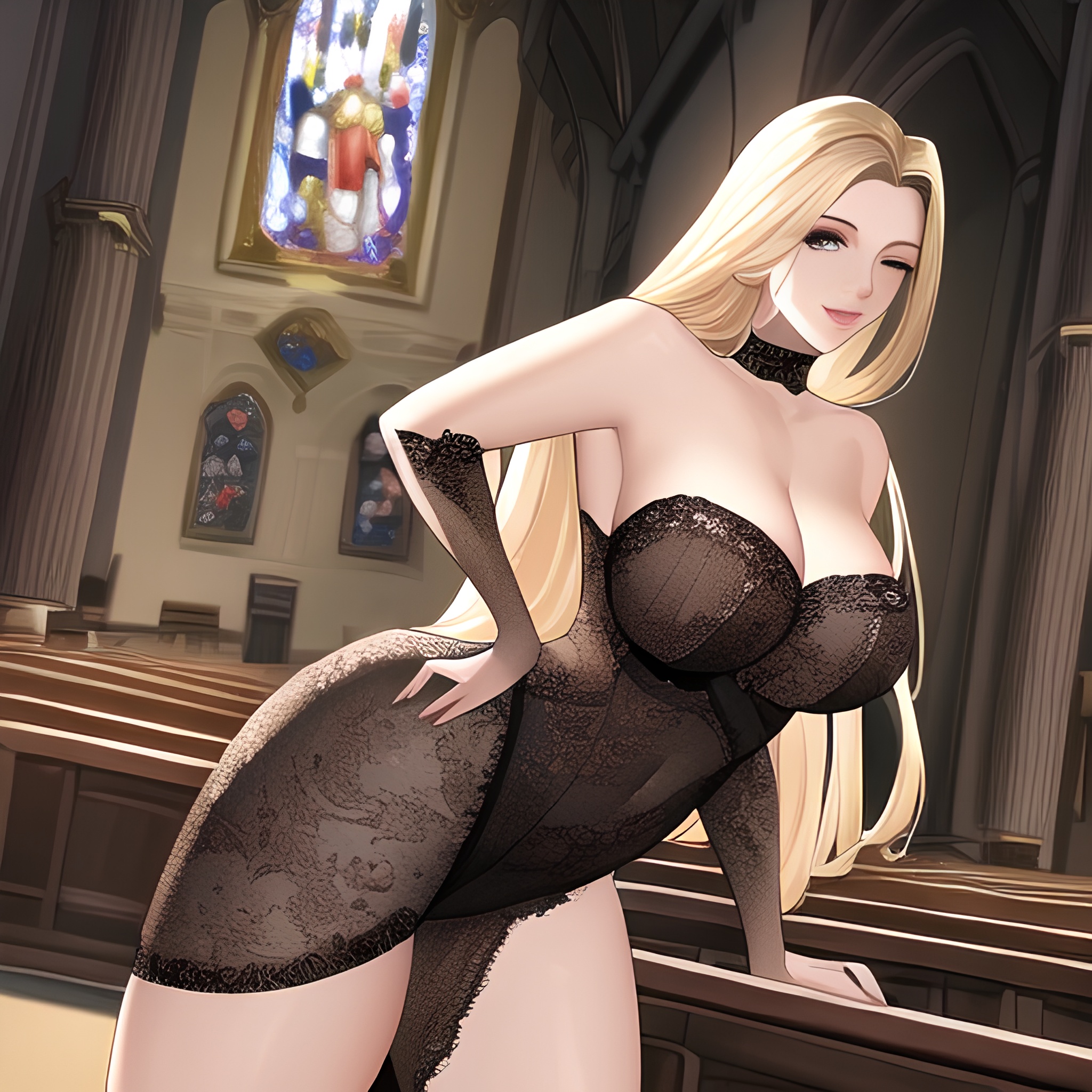 front view woman blonde small boobs nude church long hair fishnet 