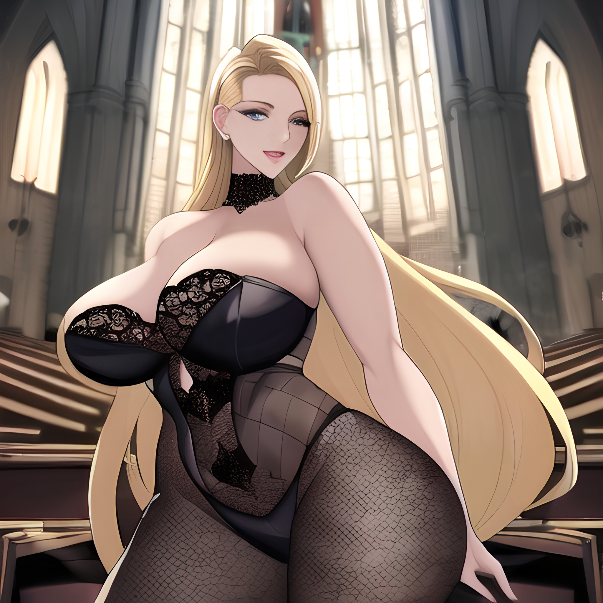 front view woman church blonde nude long hair fishnet small boobs 