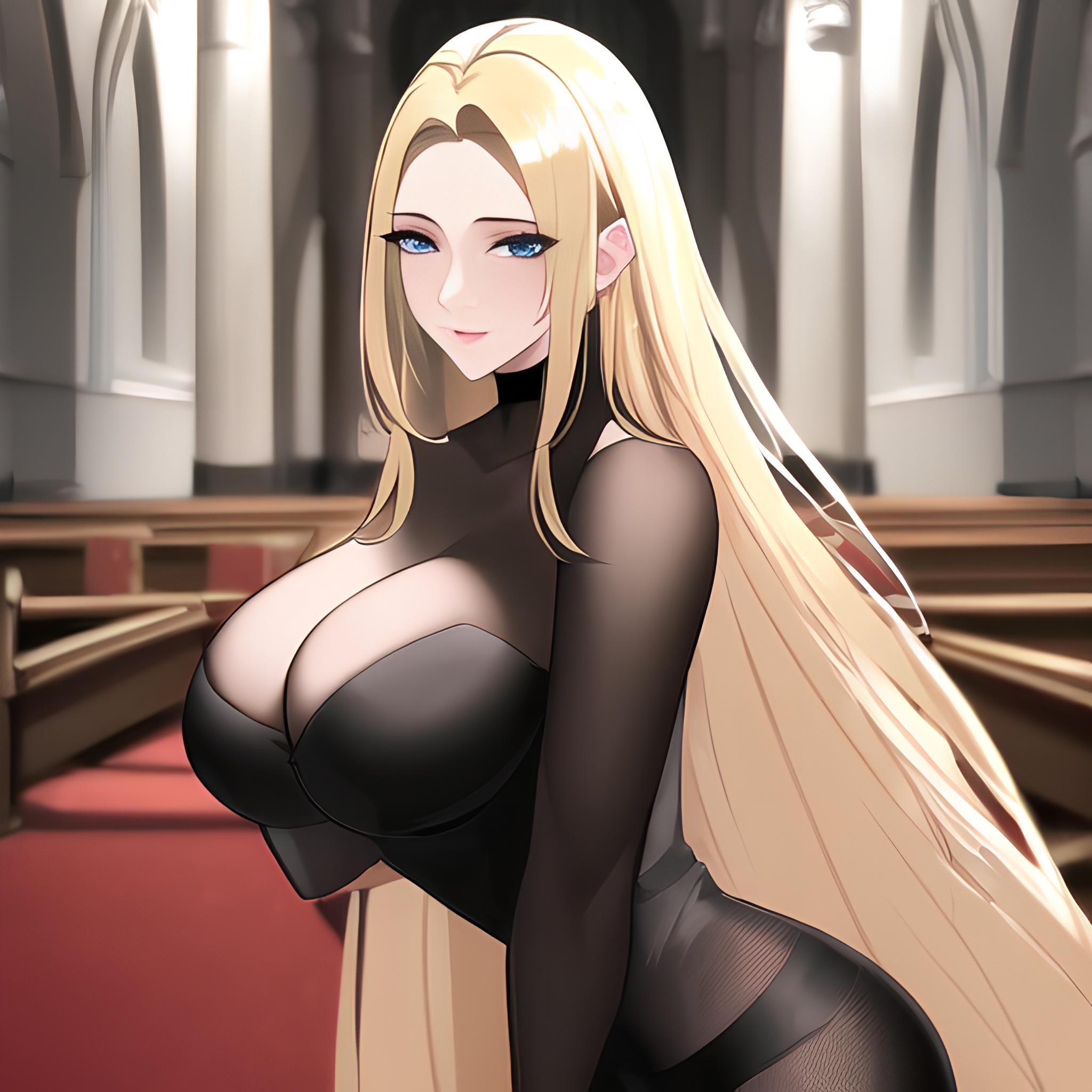 front view woman fishnet small boobs church nude blonde long hair 