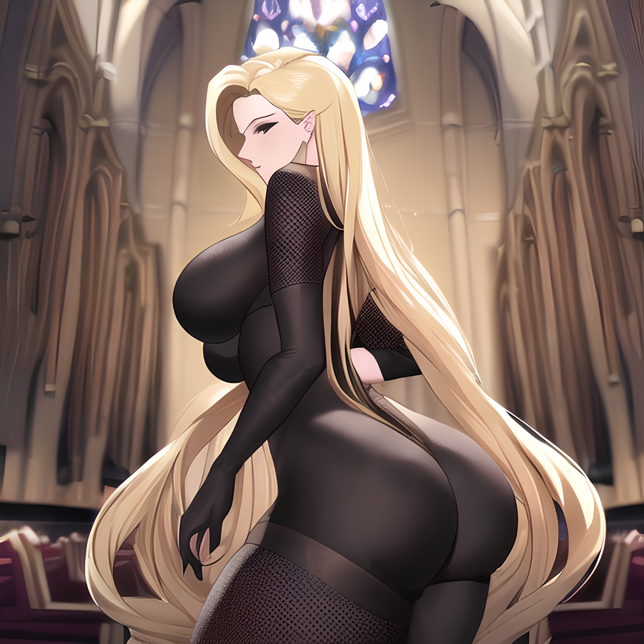 front view woman long hair blonde small boobs nude church fishnet 