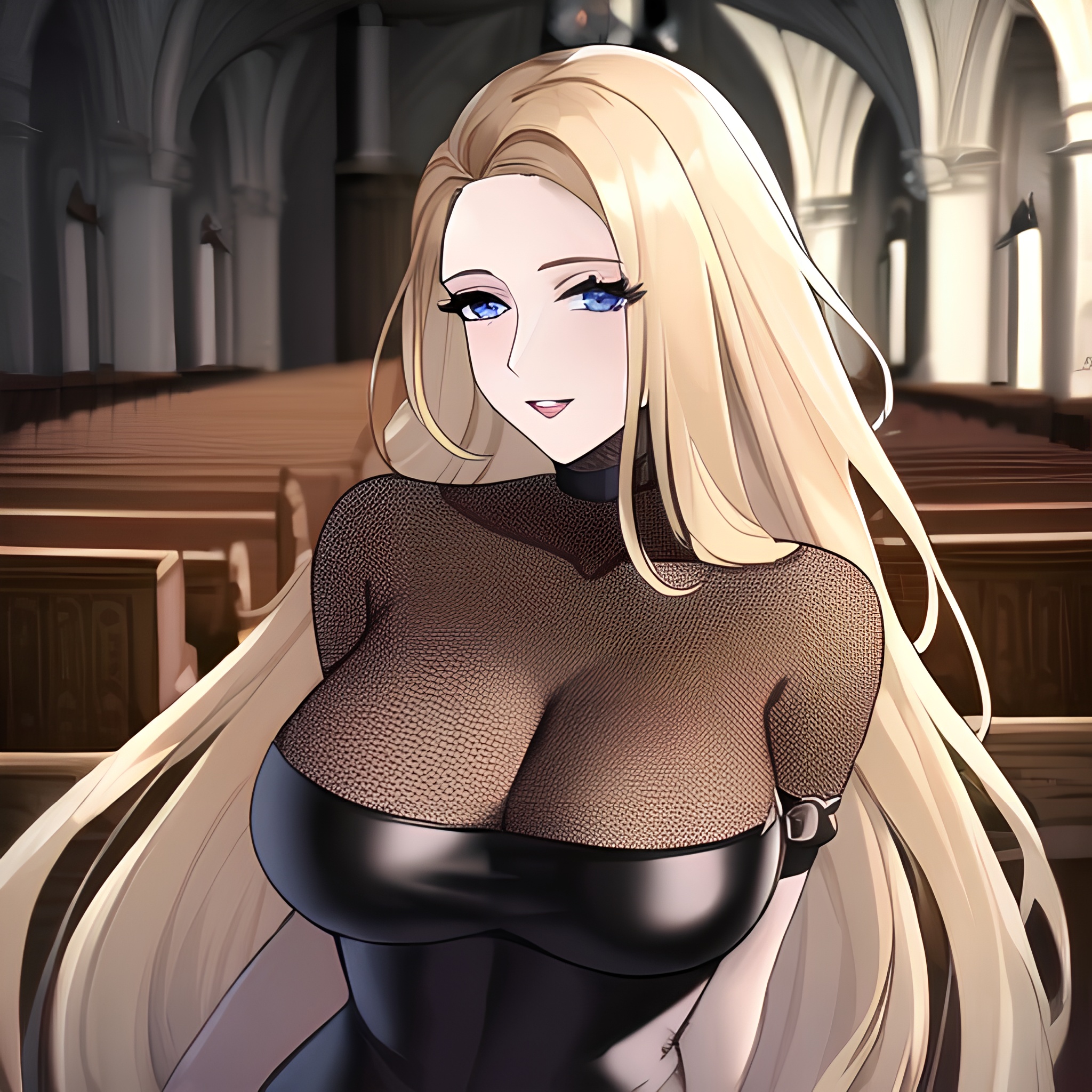front view woman long hair church nude fishnet small boobs blonde 