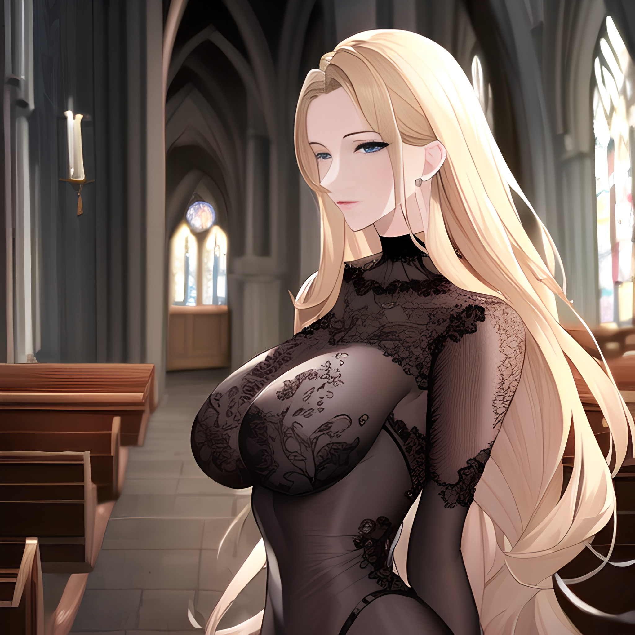 front view woman nude long hair church fishnet small boobs blonde 