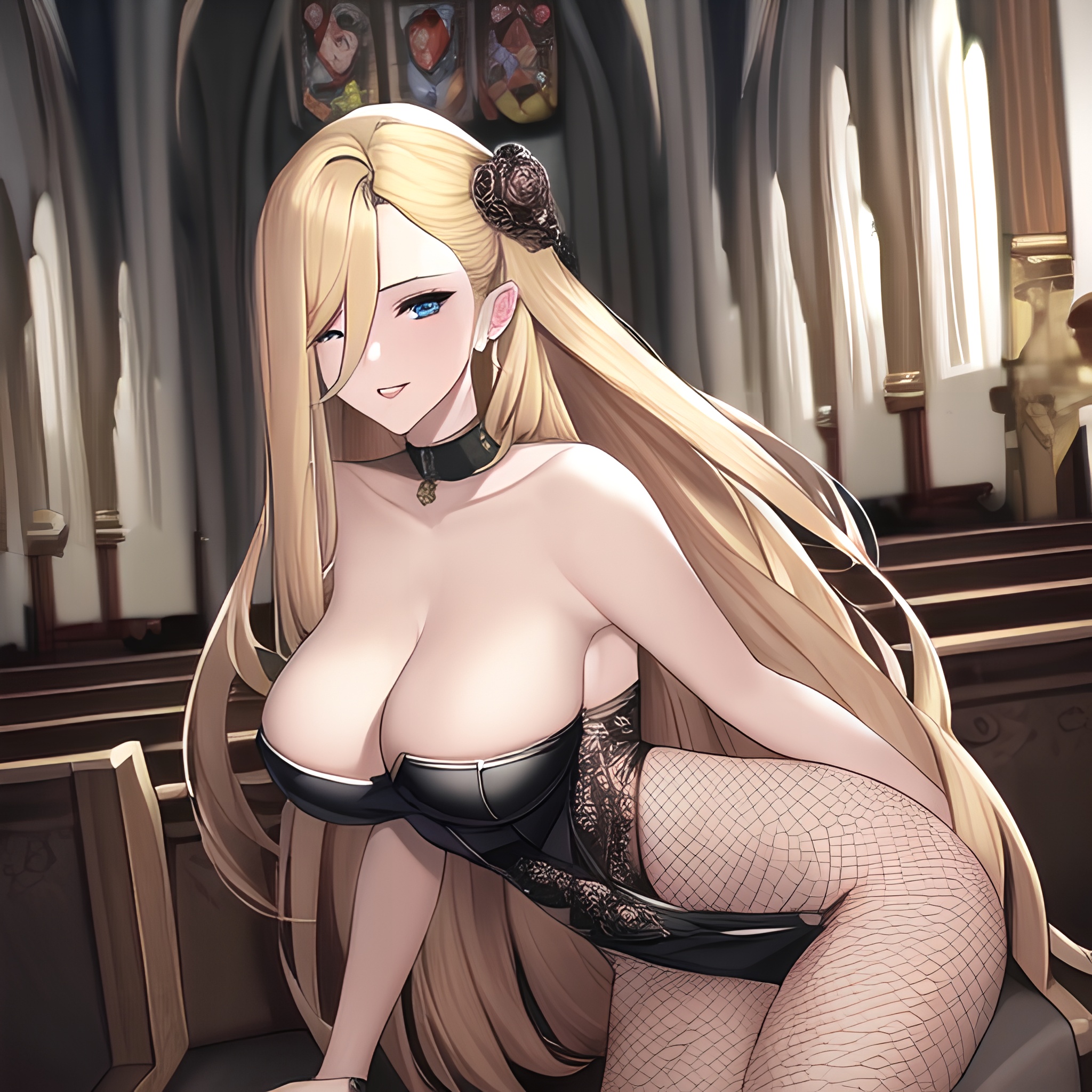 front view woman small boobs nude blonde long hair fishnet church 