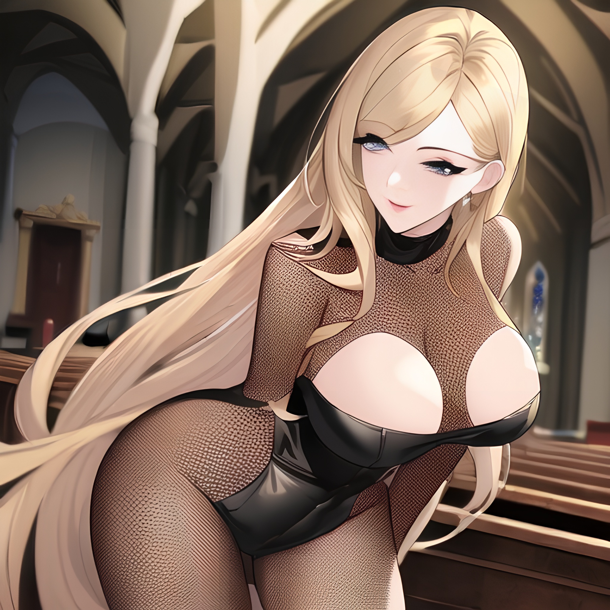 long hair blonde fishnet church front view nude small boobs woman