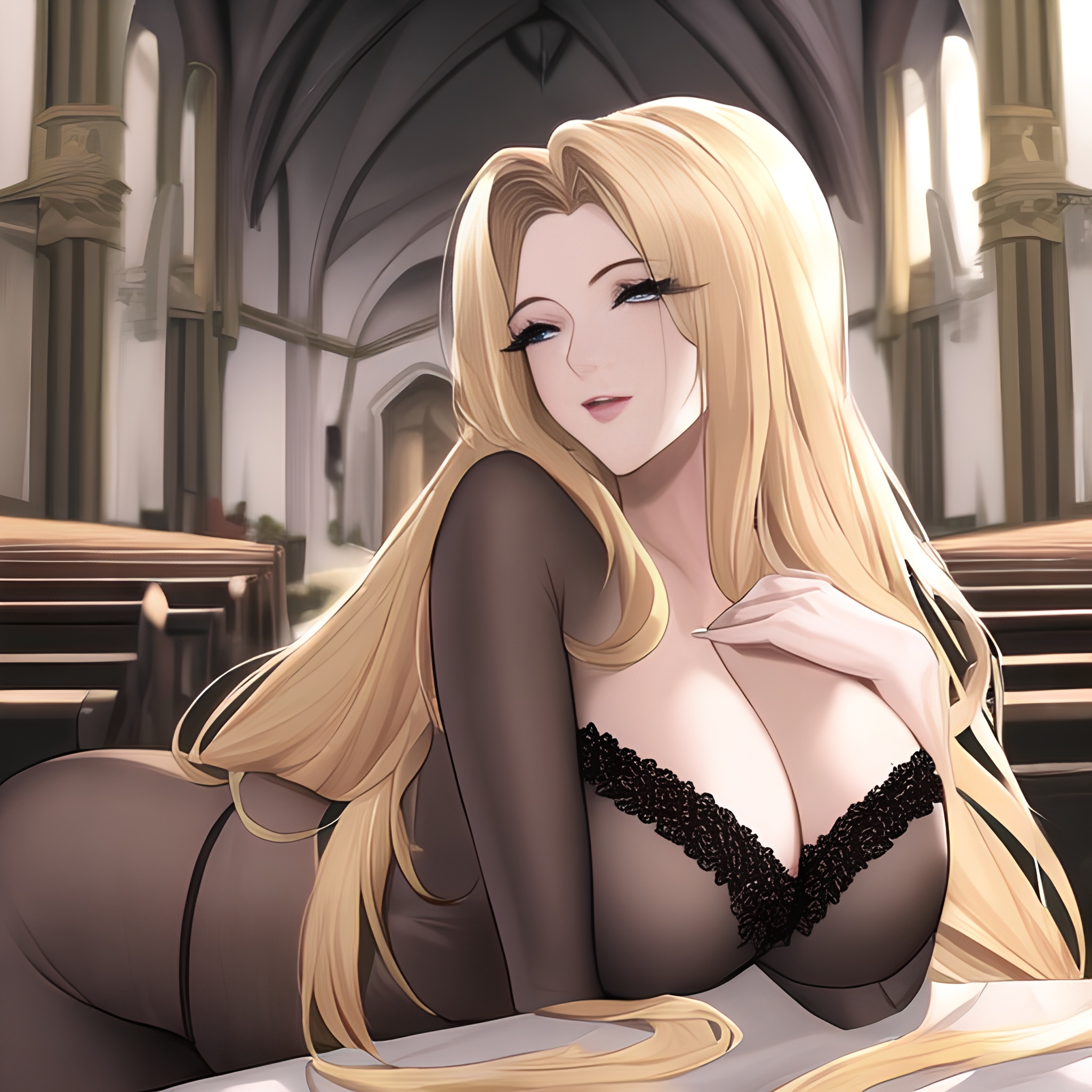 long hair blonde fishnet nude woman front view church small boobs 