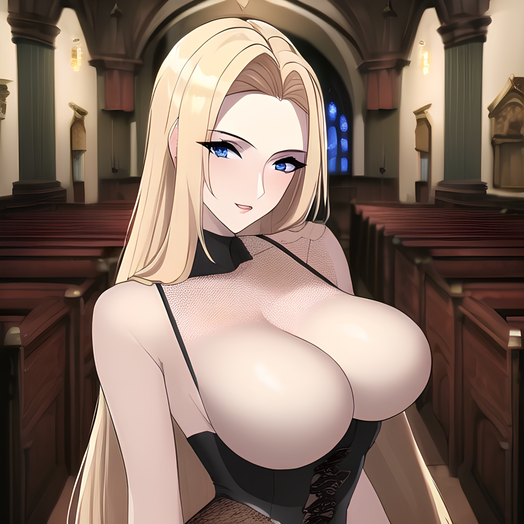 long hair blonde fishnet small boobs nude woman front view church 