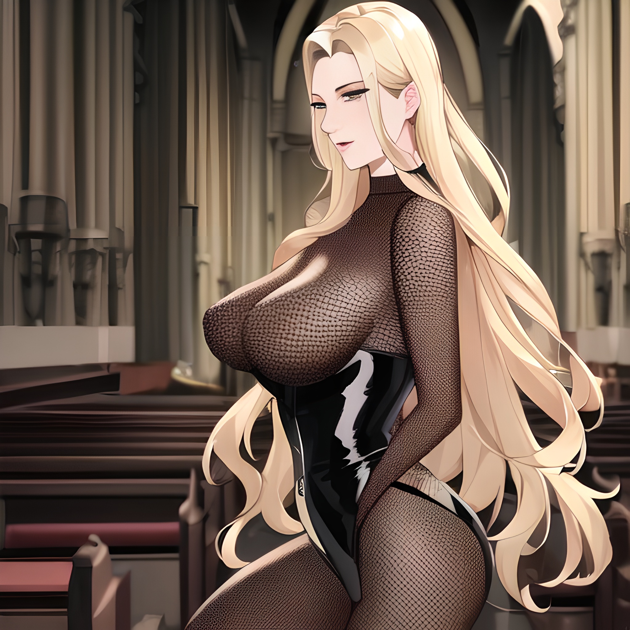 long hair blonde front view fishnet nude small boobs church woman 