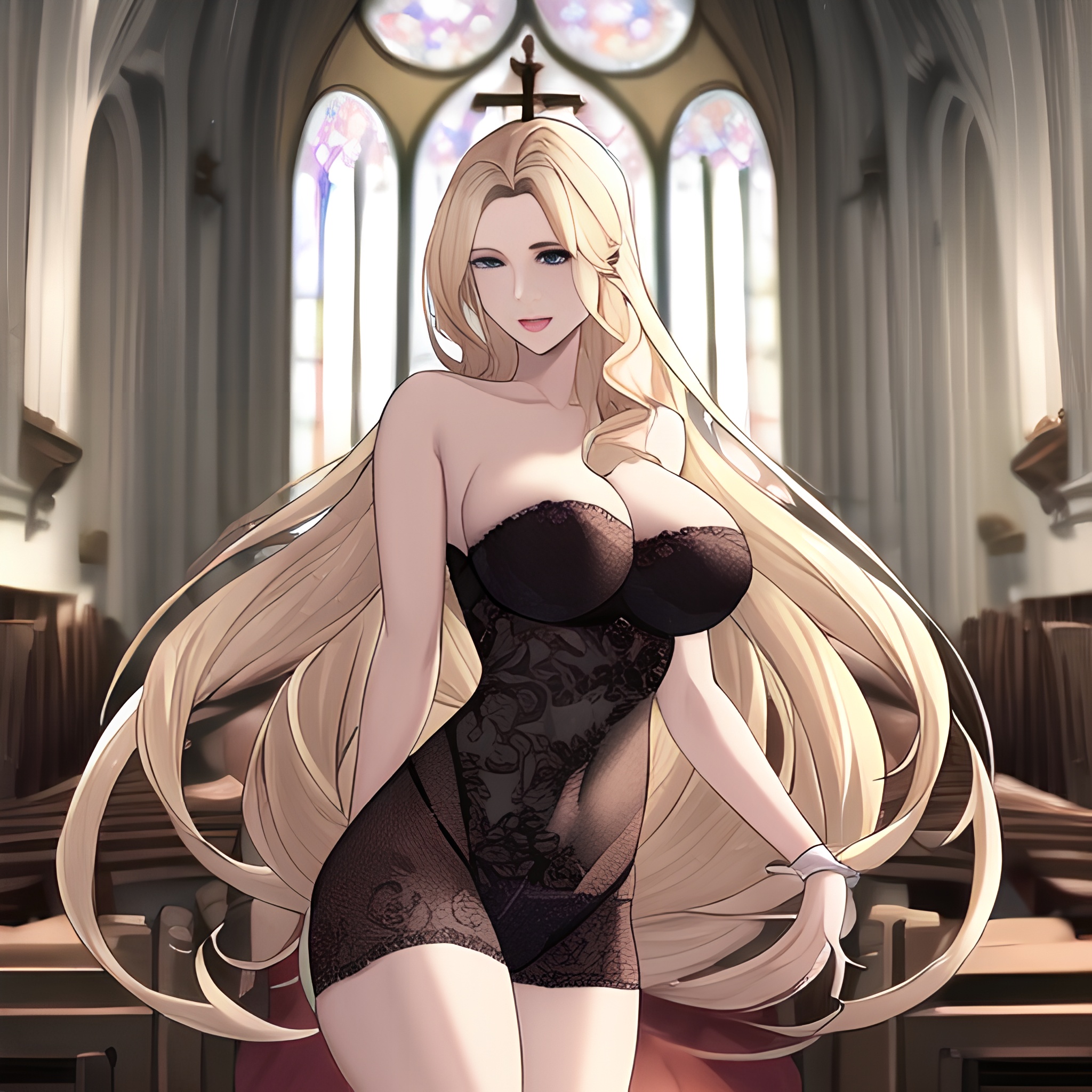 long hair blonde front view small boobs fishnet church nude woman