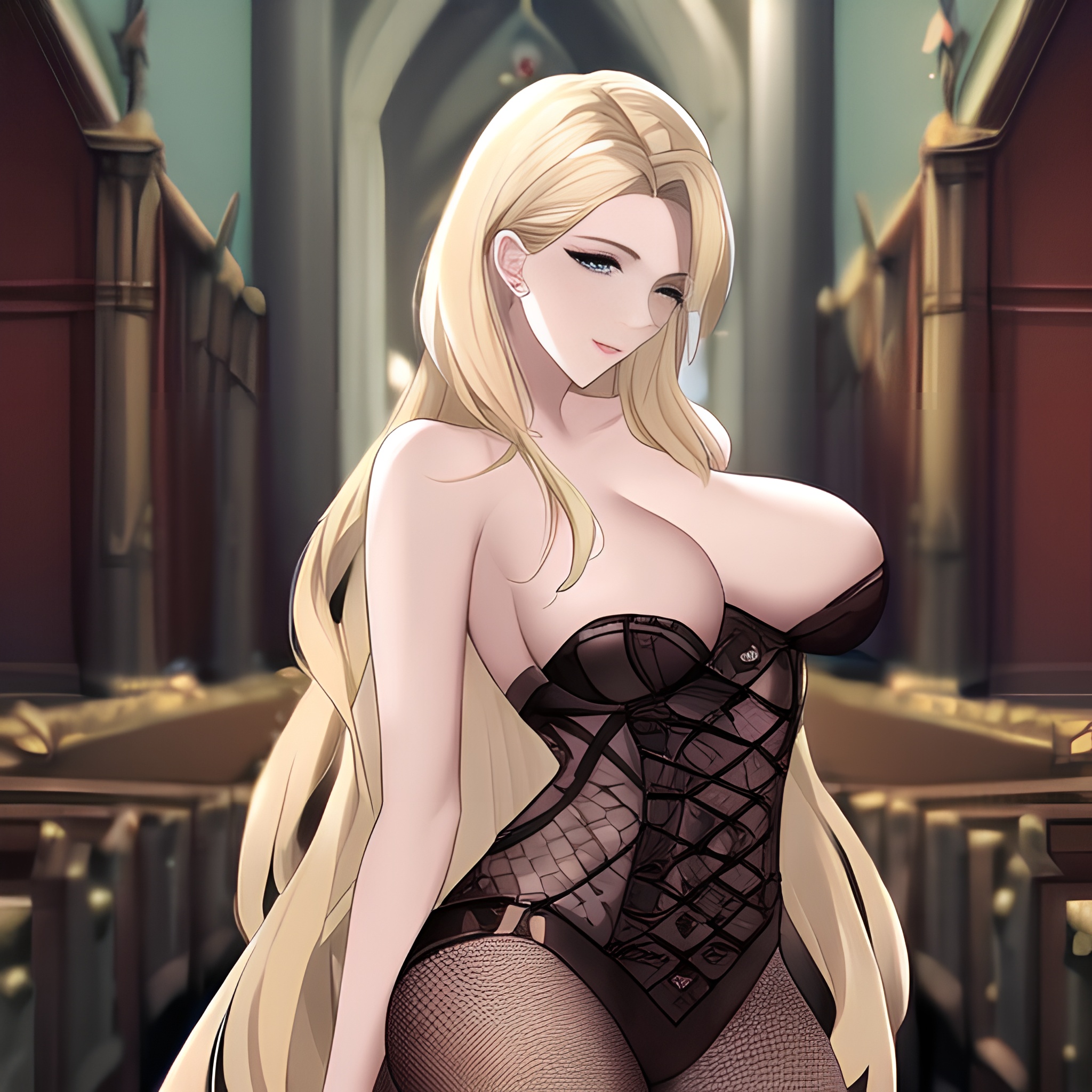long hair blonde front view woman fishnet small boobs nude church 