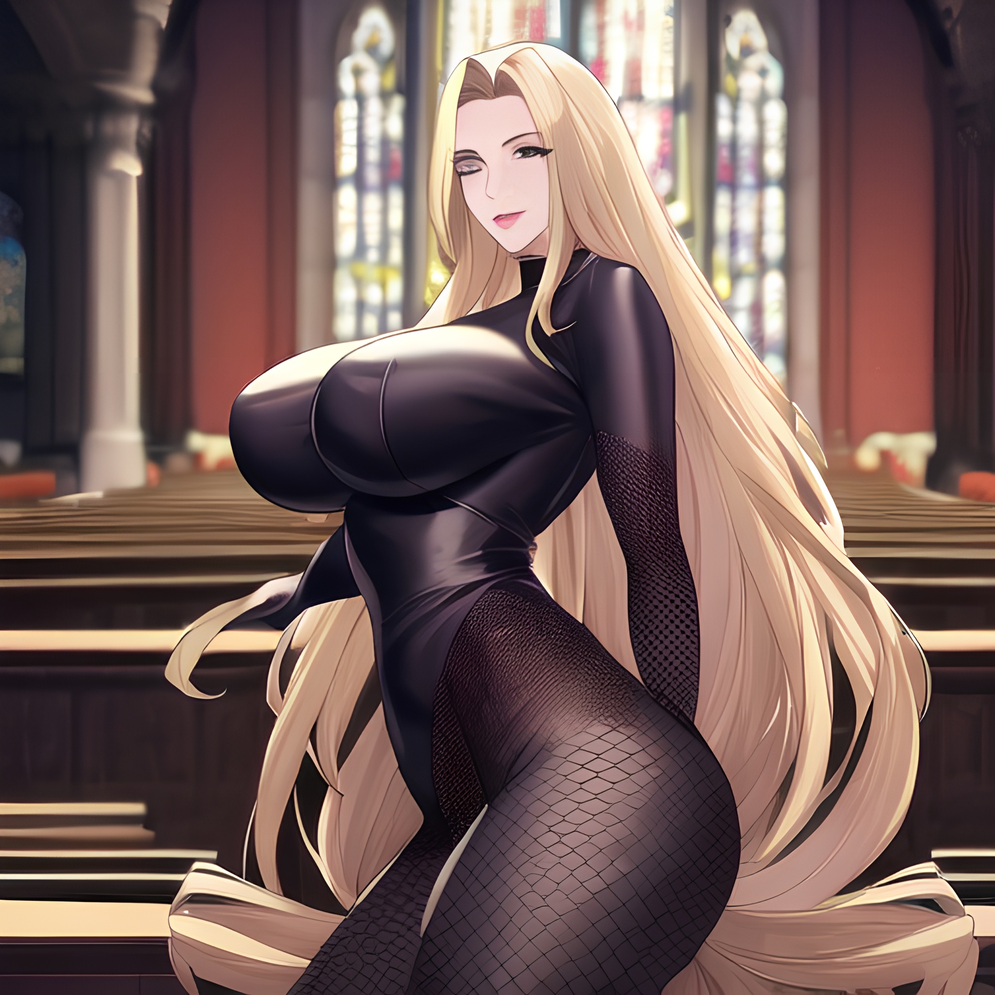 long hair blonde nude church woman fishnet front view small boobs 