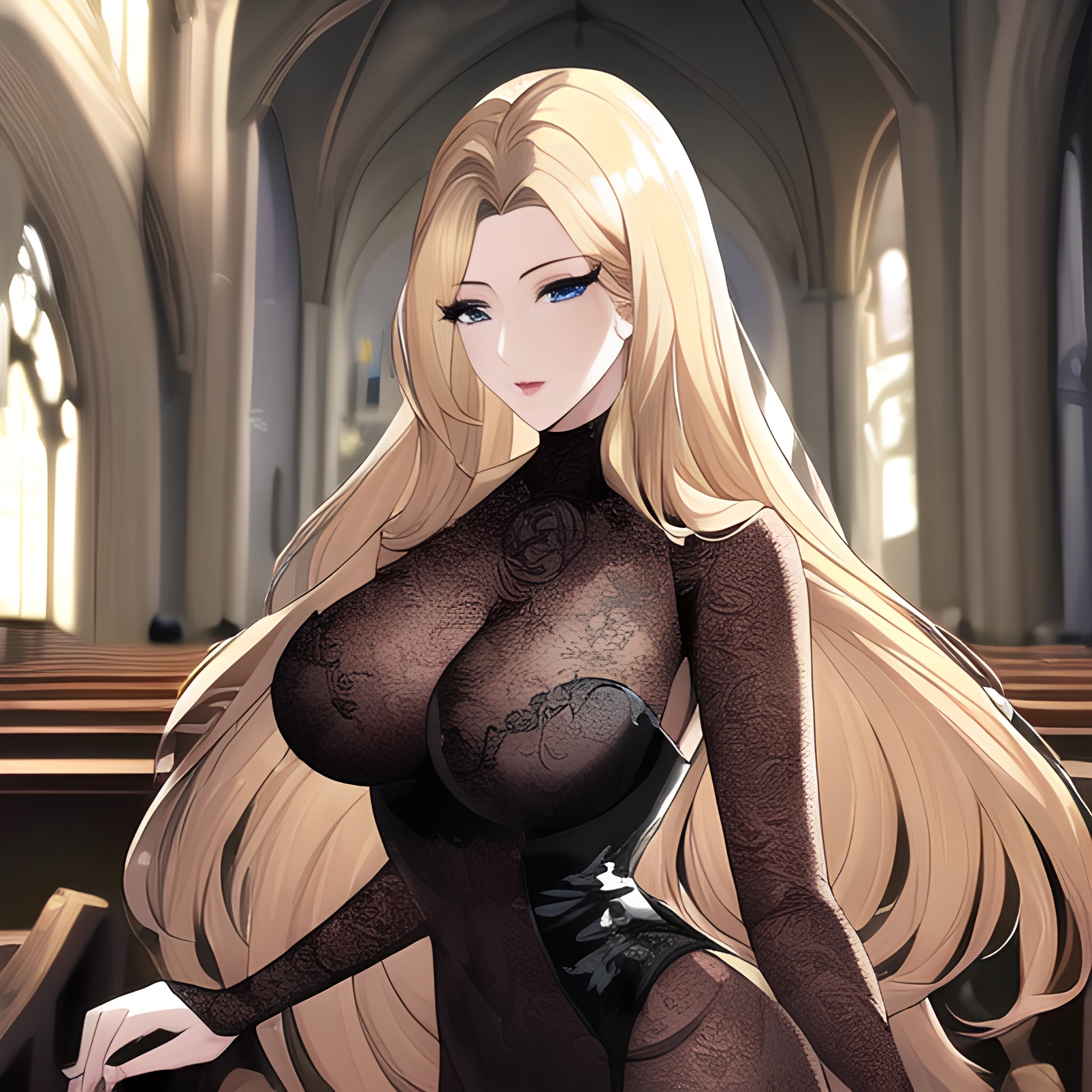 long hair blonde nude fishnet church front view small boobs woman 