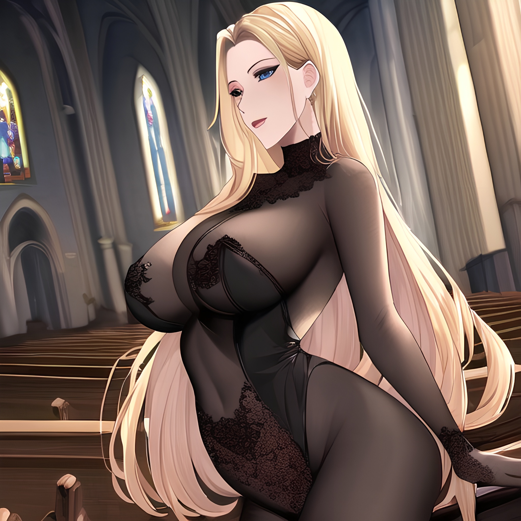 long hair blonde nude fishnet church front view woman small boobs 