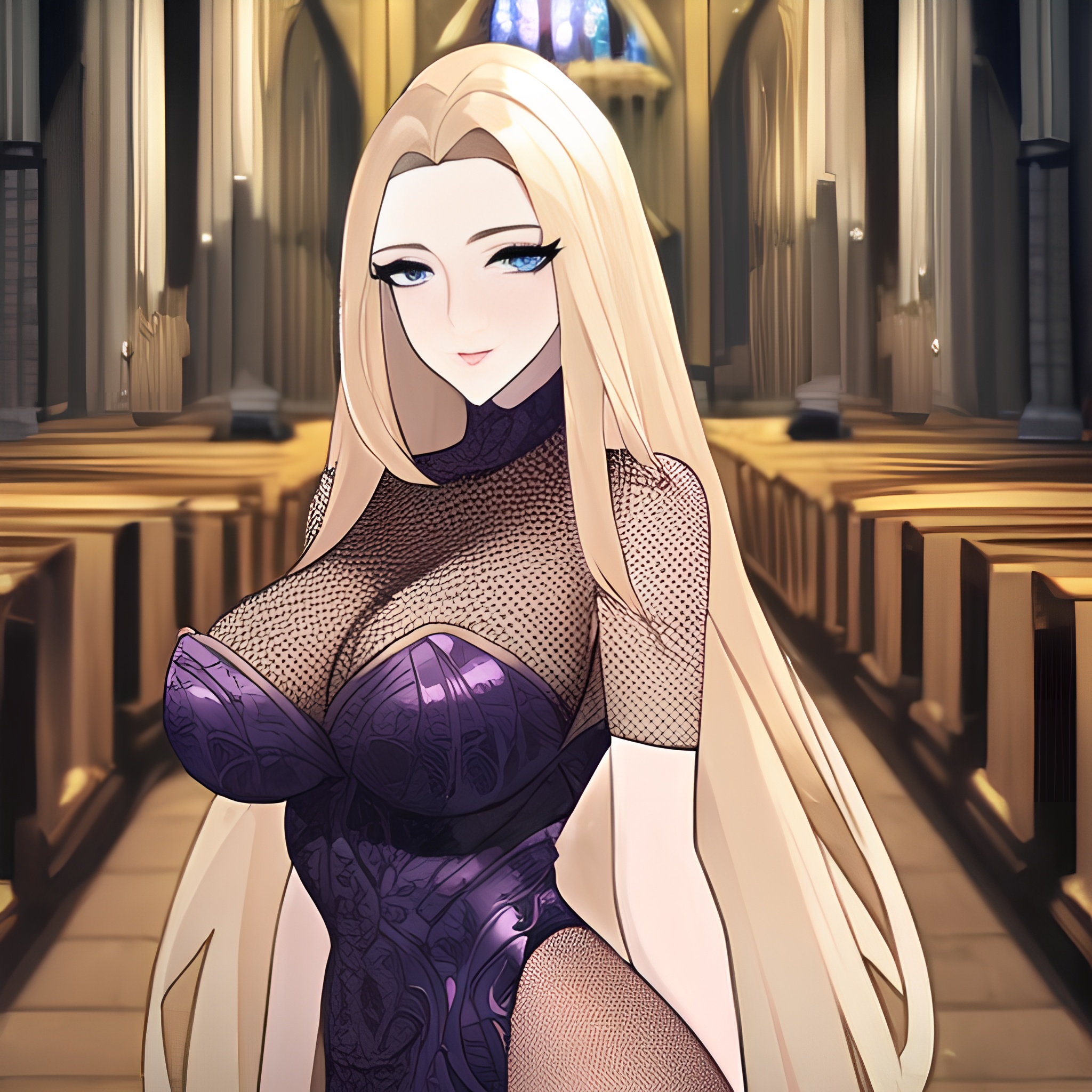 long hair blonde nude front view woman small boobs fishnet church
